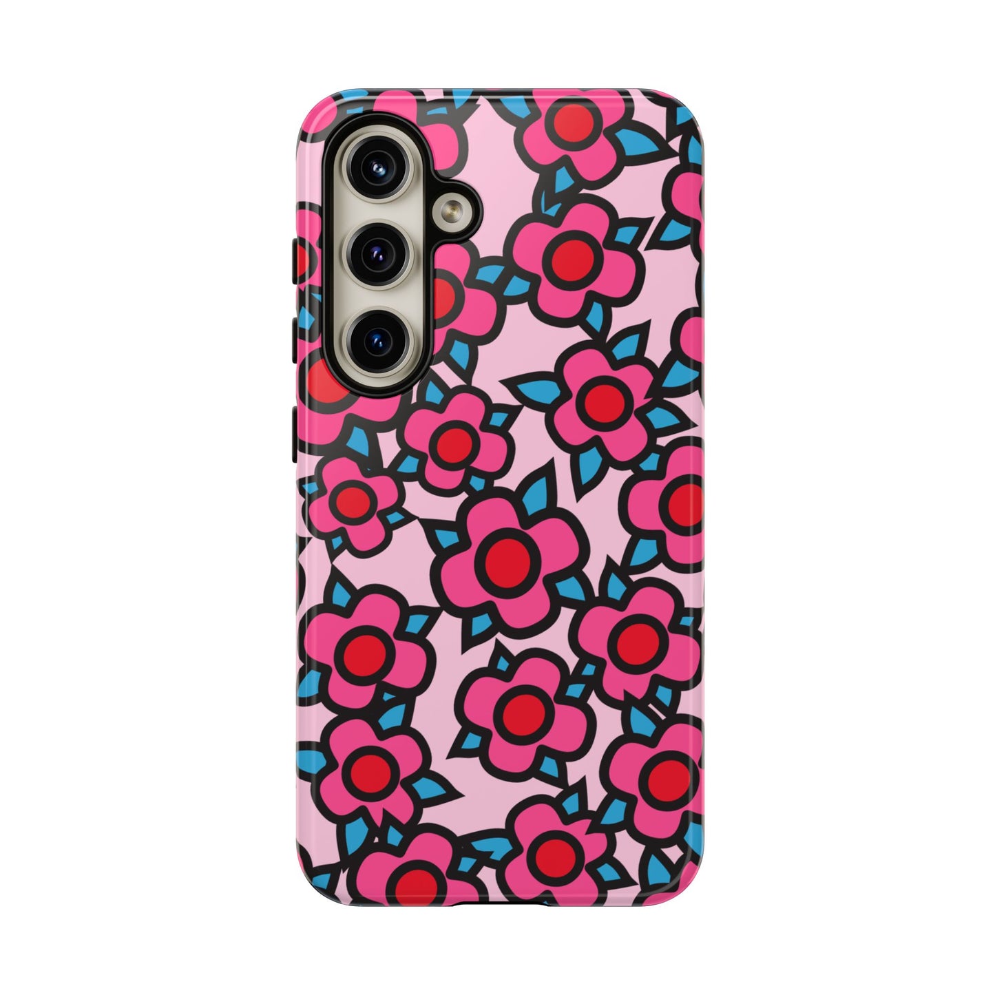 Floral Pink Tough Phone Case — Retro Red & Teal Flower Pattern