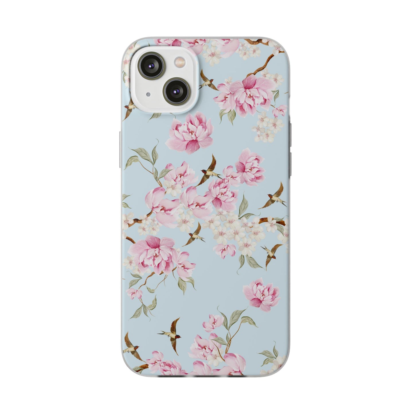 Floral Cherry Blossom Flexi Phone Case - Pink Blossoms on Sky Blue Flexible Case for Apple iPhone, Samsung Galaxy.