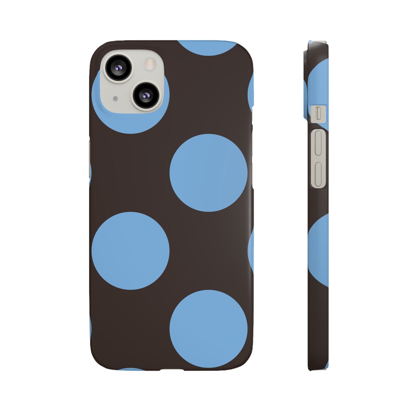 Matte Black with Large Sky Blue Polka Dots Slim Phone Case for Apple iPhone, Samsung Galaxy and Google Pixel.
