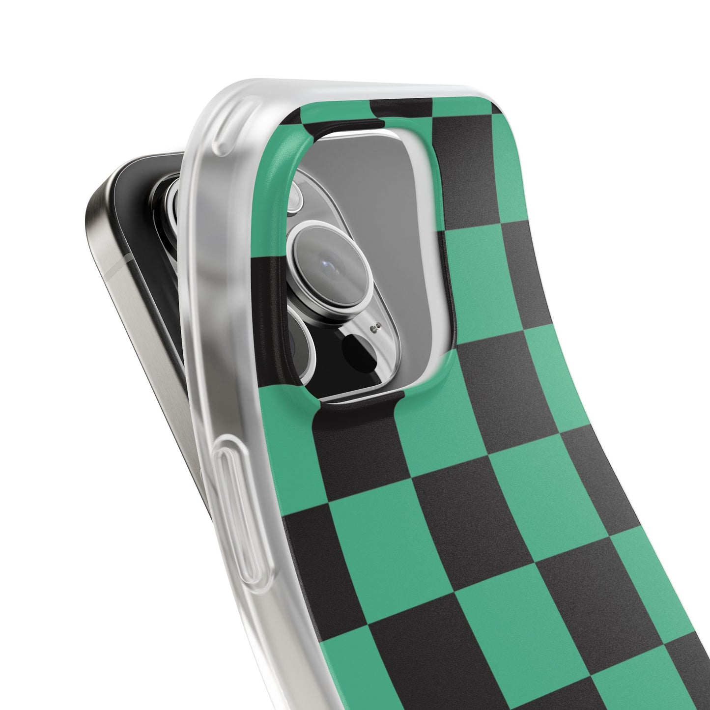 Tanjiro Checkerboard Green and Black Flexi Phone Case for Apple iPhone and Samsung Galaxy.