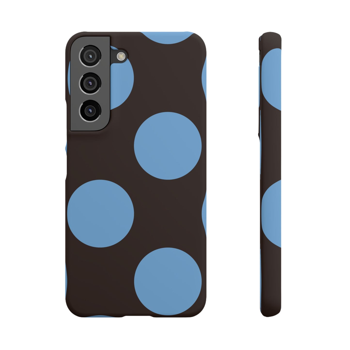 Matte Black with Large Sky Blue Polka Dots Slim Phone Case for Apple iPhone, Samsung Galaxy and Google Pixel.