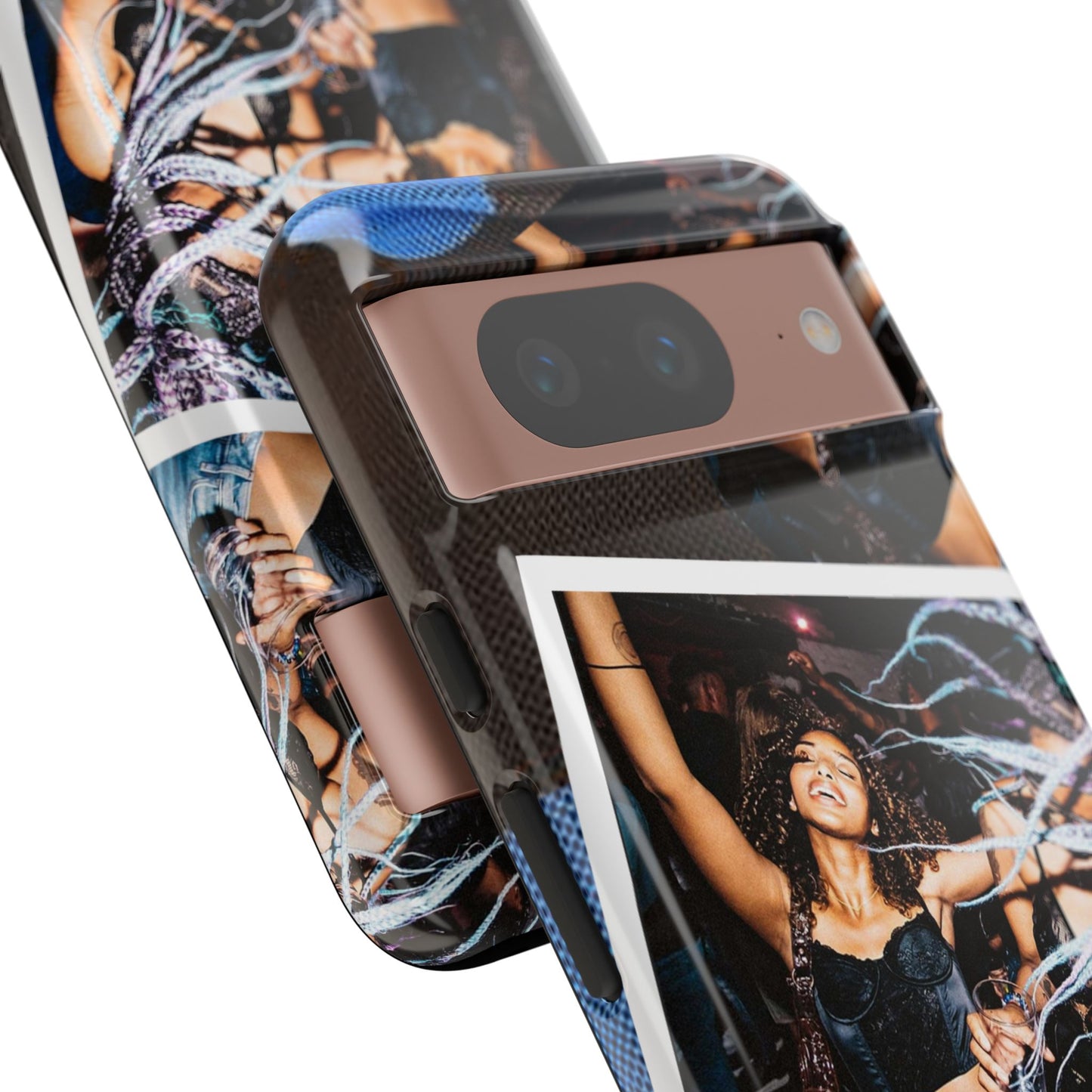 Two Image Personalised Polaroid Photo on Blue Polka Dot Protective Tough Case for Apple iPhone, Samsung Galaxy and Google Pixel.
