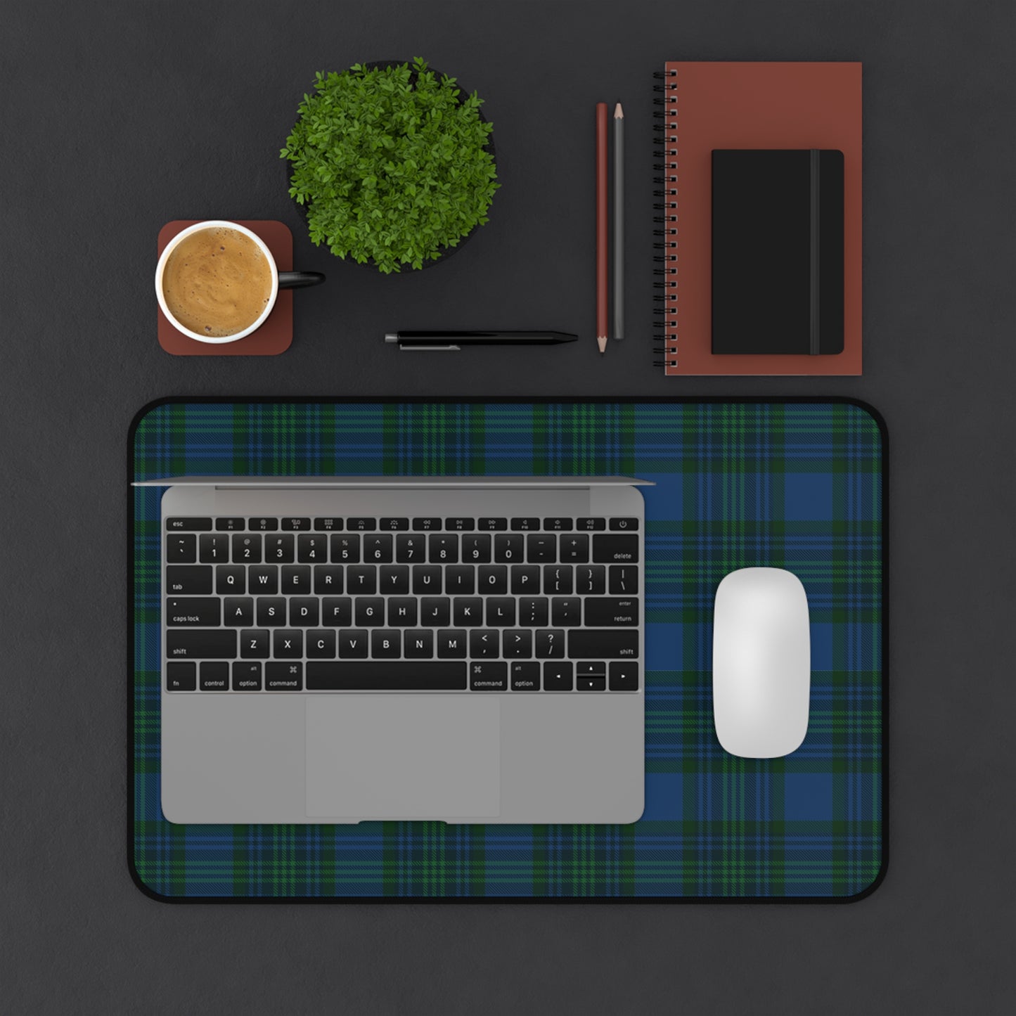 Plaid desk mat in blue green tartan, stylish computer desk mat for home office, anti-slip, hemmed edges