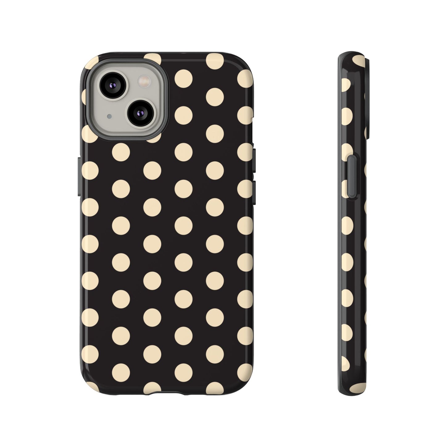 Polka Dot Tough Phone Case — Black with Cream Dots, Protective Slim Phone Cover