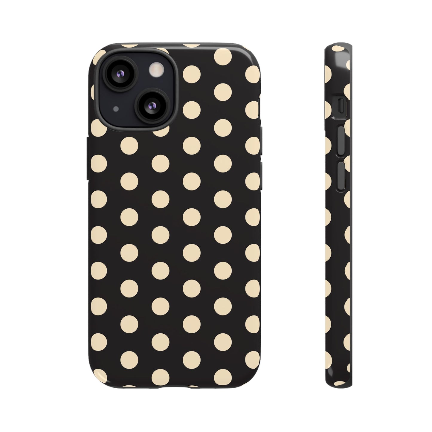 Polka Dot Tough Phone Case — Black with Cream Dots, Protective Slim Phone Cover