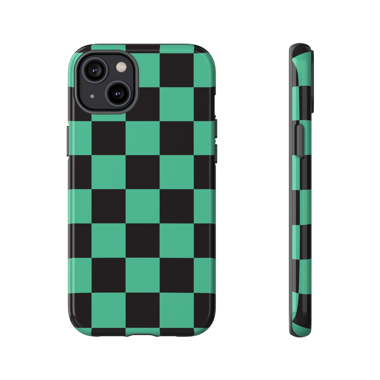 Tanjiro Checkerboard Tough Phone Case – Green & Black Protective Cover