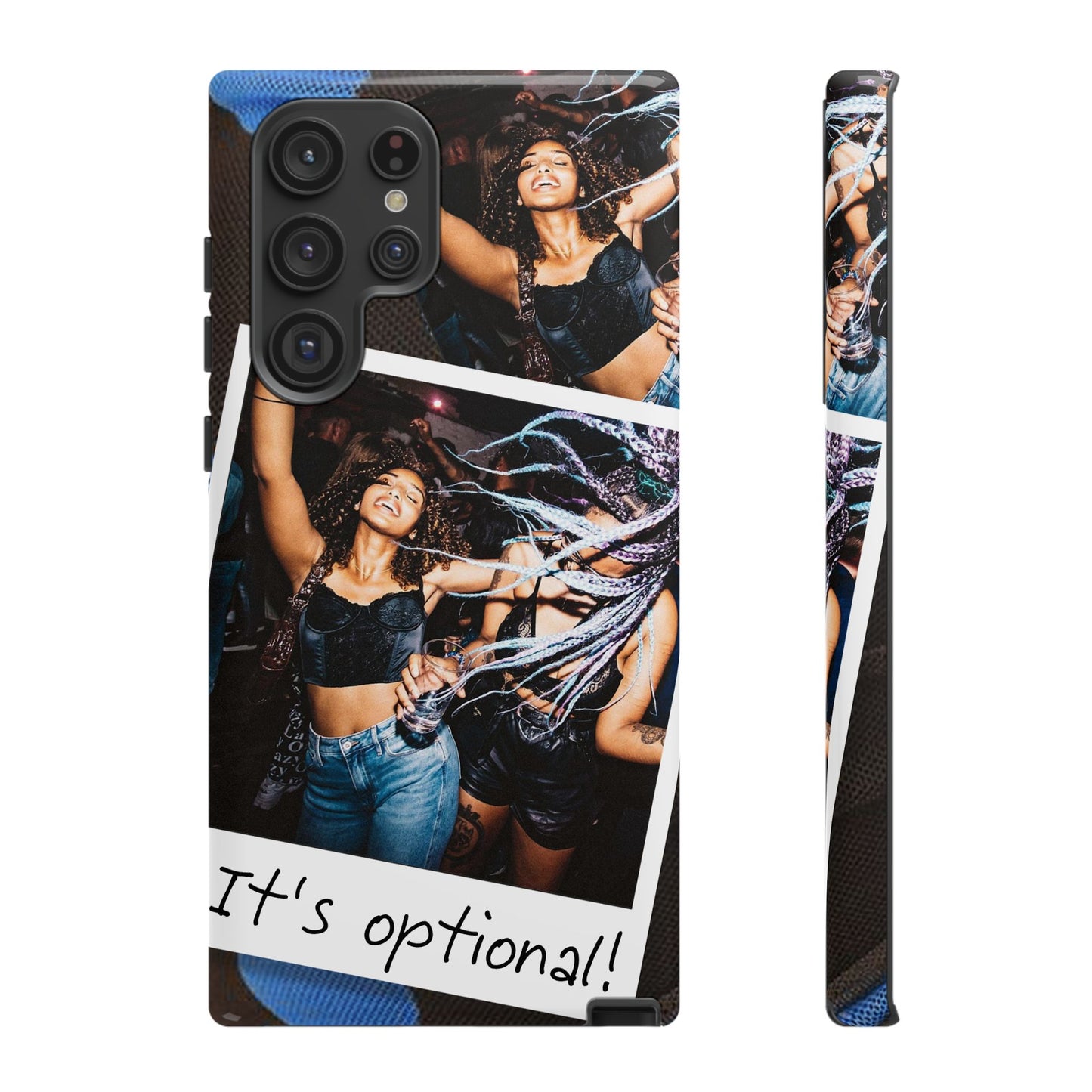 Two Image Personalised Polaroid Photo on Blue Polka Dot Protective Tough Case for Apple iPhone, Samsung Galaxy and Google Pixel.
