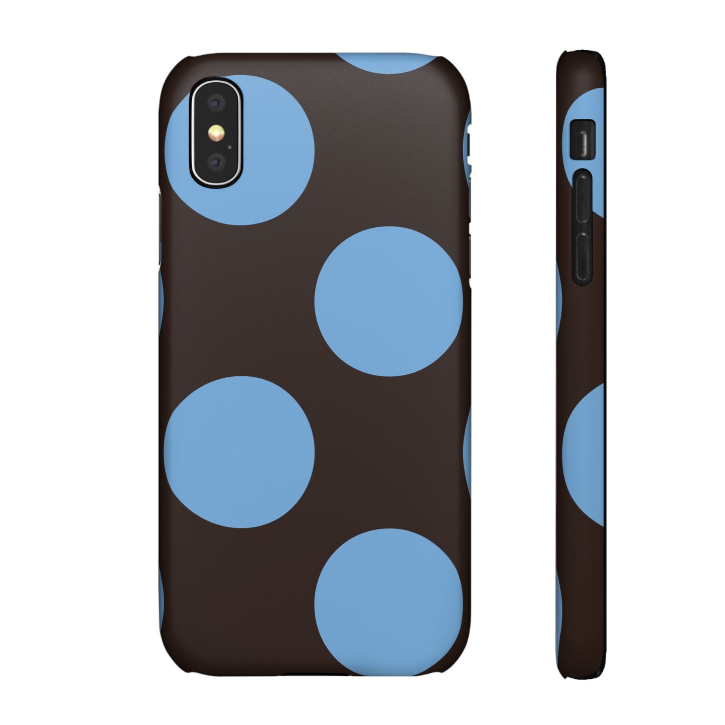 Matte Black with Large Sky Blue Polka Dots Slim Phone Case for Apple iPhone, Samsung Galaxy and Google Pixel.