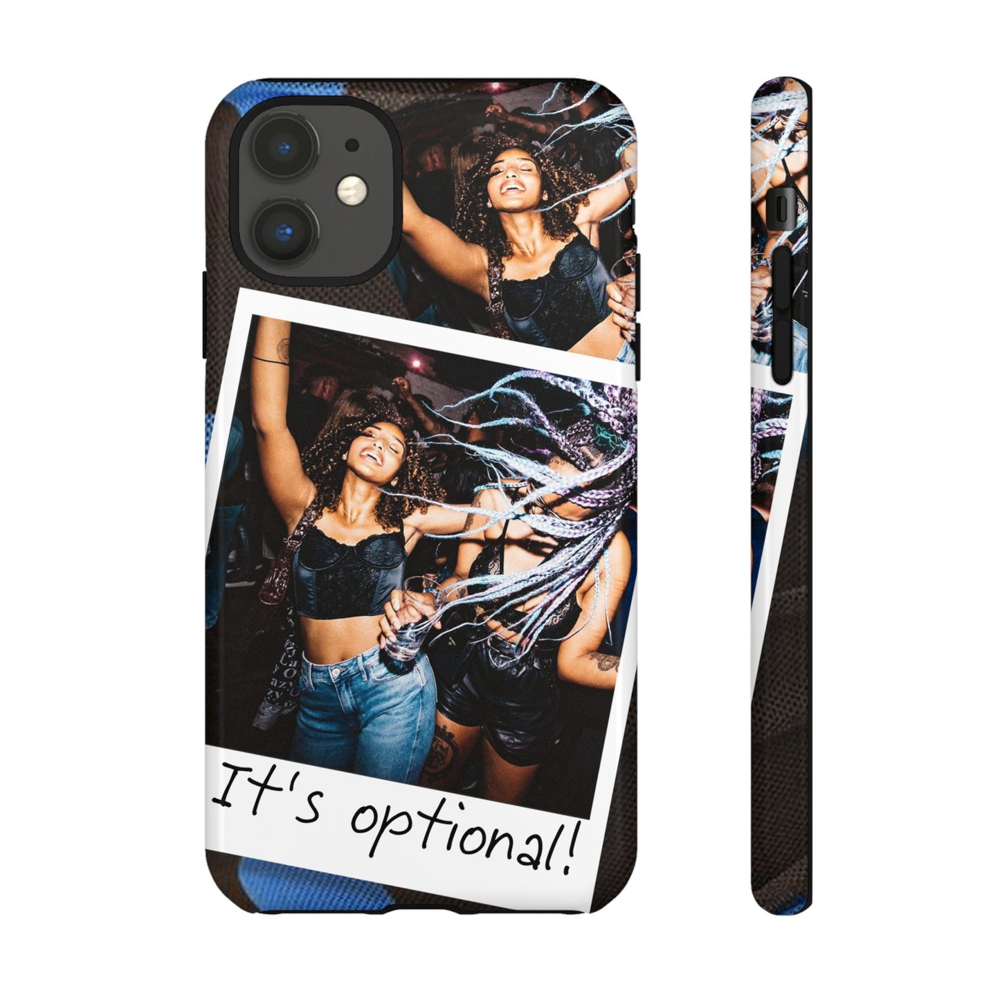 Two Image Personalised Polaroid Photo on Blue Polka Dot Protective Tough Case for Apple iPhone, Samsung Galaxy and Google Pixel.