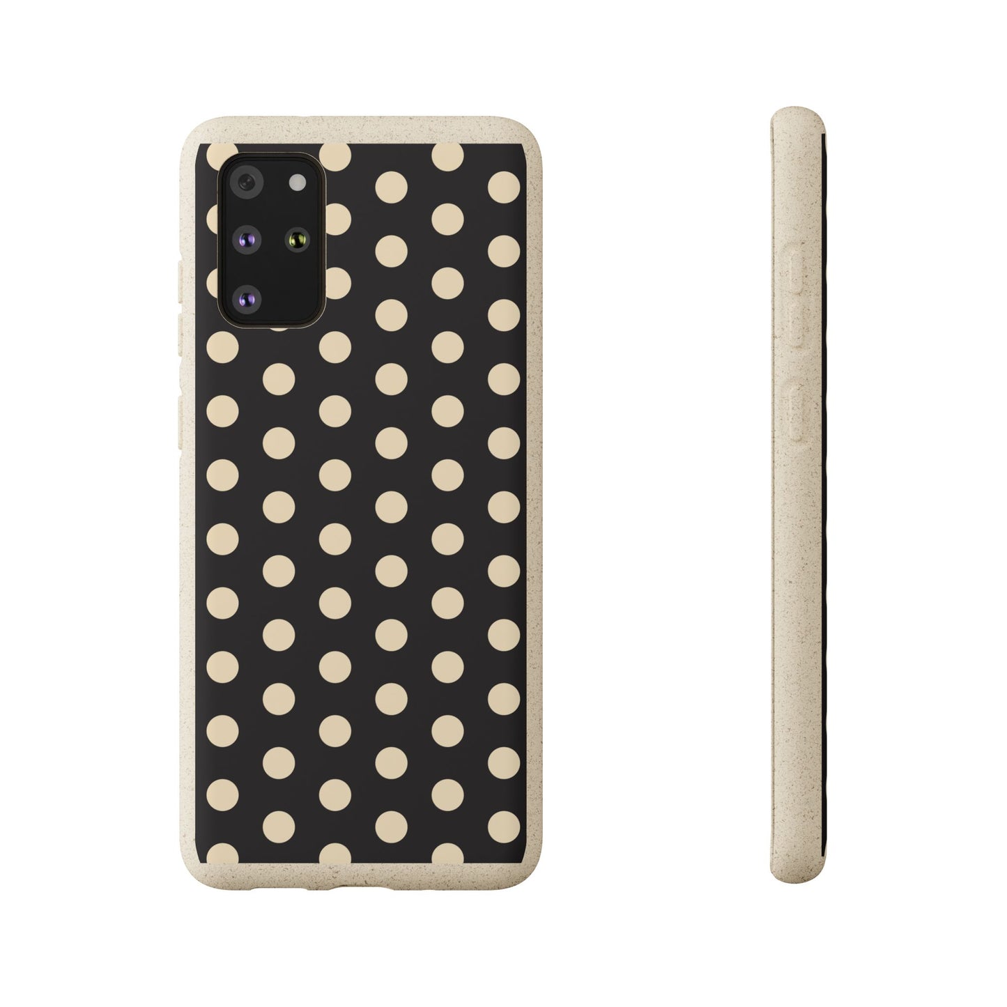 Eco-Friendly Black & Cream Polka Dot Pattern Biodegradable Phone Case for Apple iPhone and Samsung Galaxy.