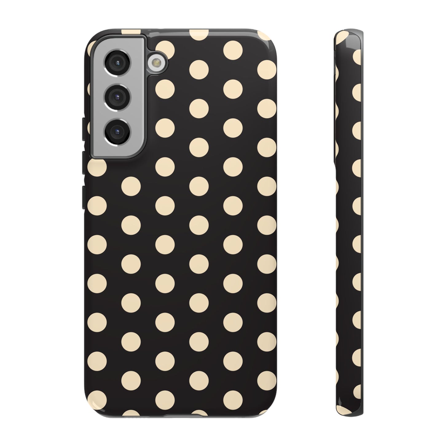Polka Dot Tough Phone Case — Black with Cream Dots, Protective Slim Phone Cover