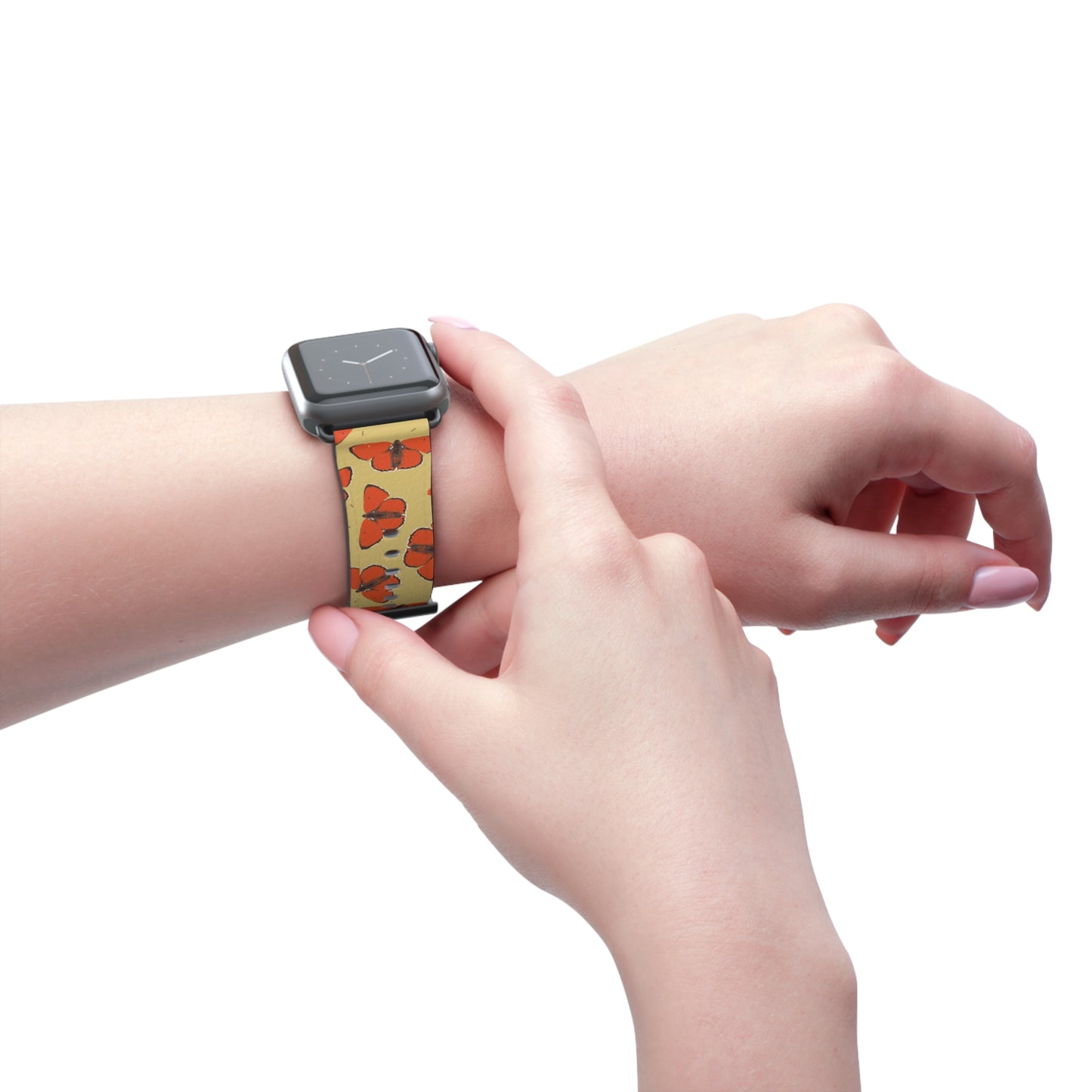 Red Butterfly Watch Band for Apple Watch, colorful accessory with faux-leather strap, perfect gift for her