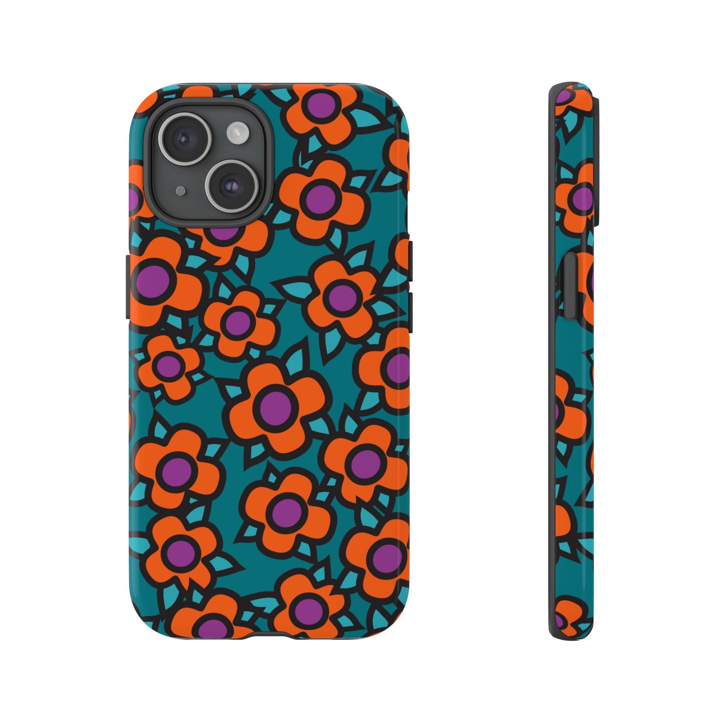 Floral Pop Tough Phone Case — Retro Orange & Teal Flower Pattern