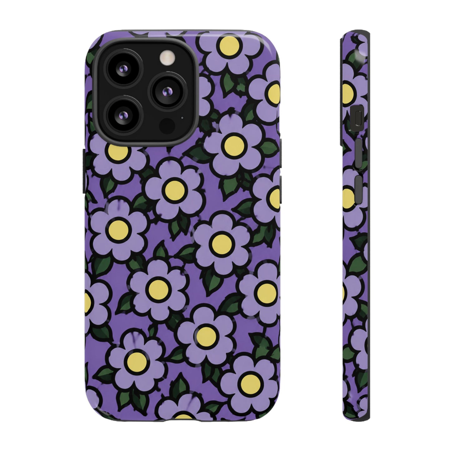 Purple Floral Tough Phone Case — Durable Protective Phone Cover with Cute Daisy Pattern