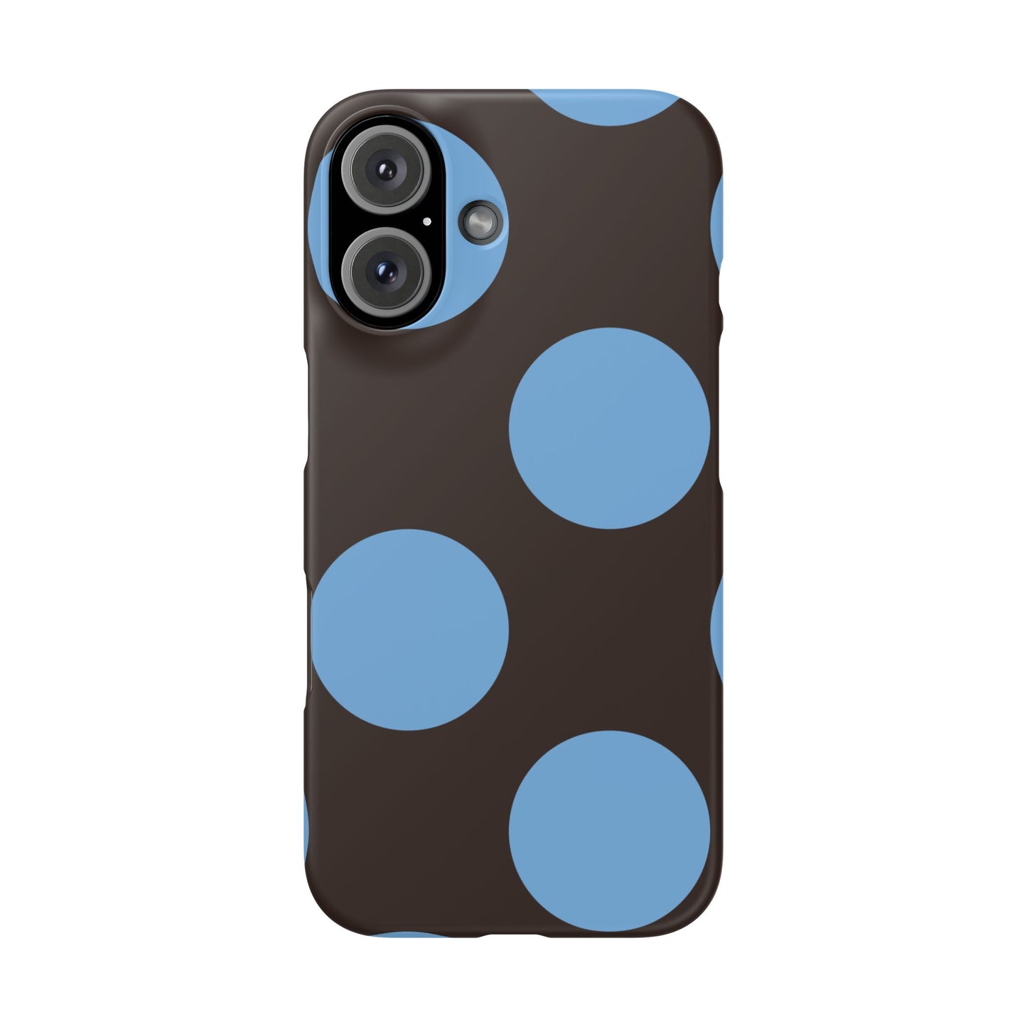 Matte Black with Large Sky Blue Polka Dots Slim Phone Case for Apple iPhone, Samsung Galaxy and Google Pixel.