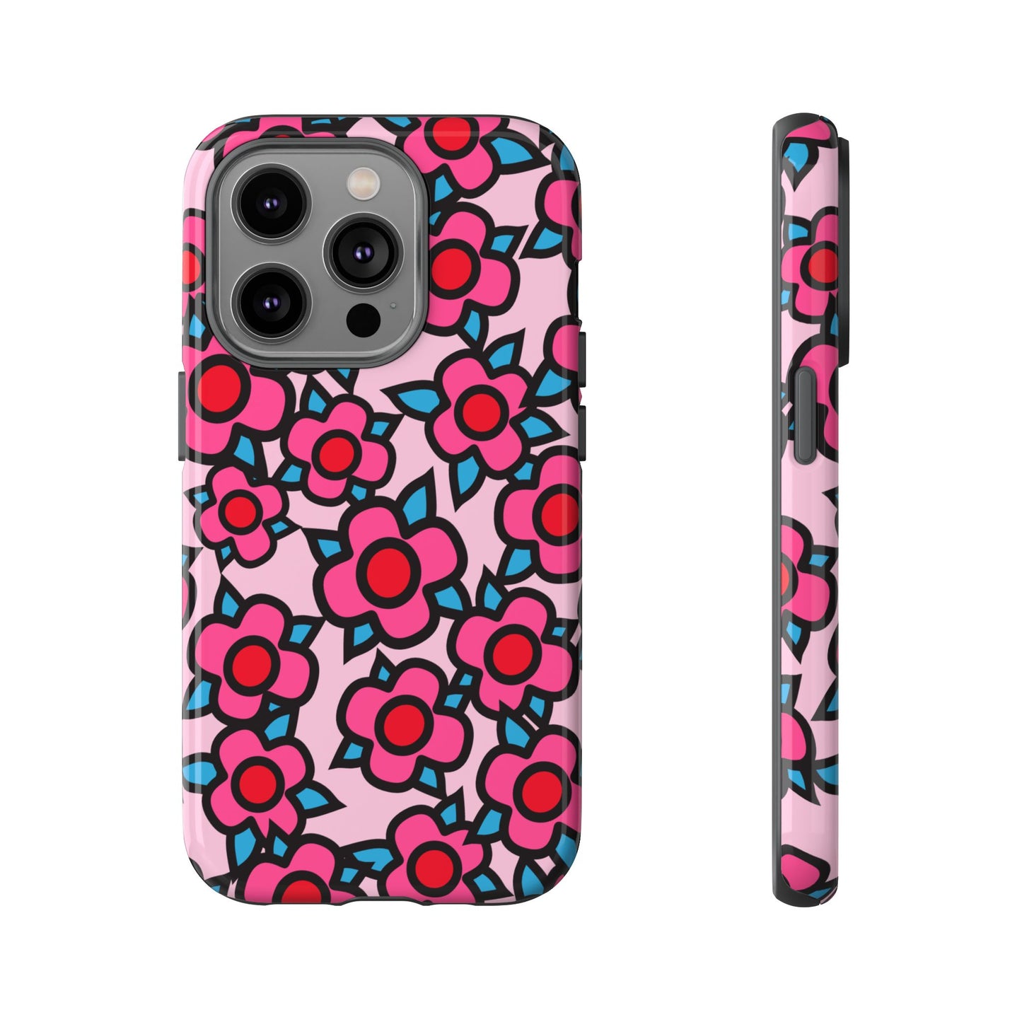 Floral Pink Tough Phone Case — Retro Red & Teal Flower Pattern
