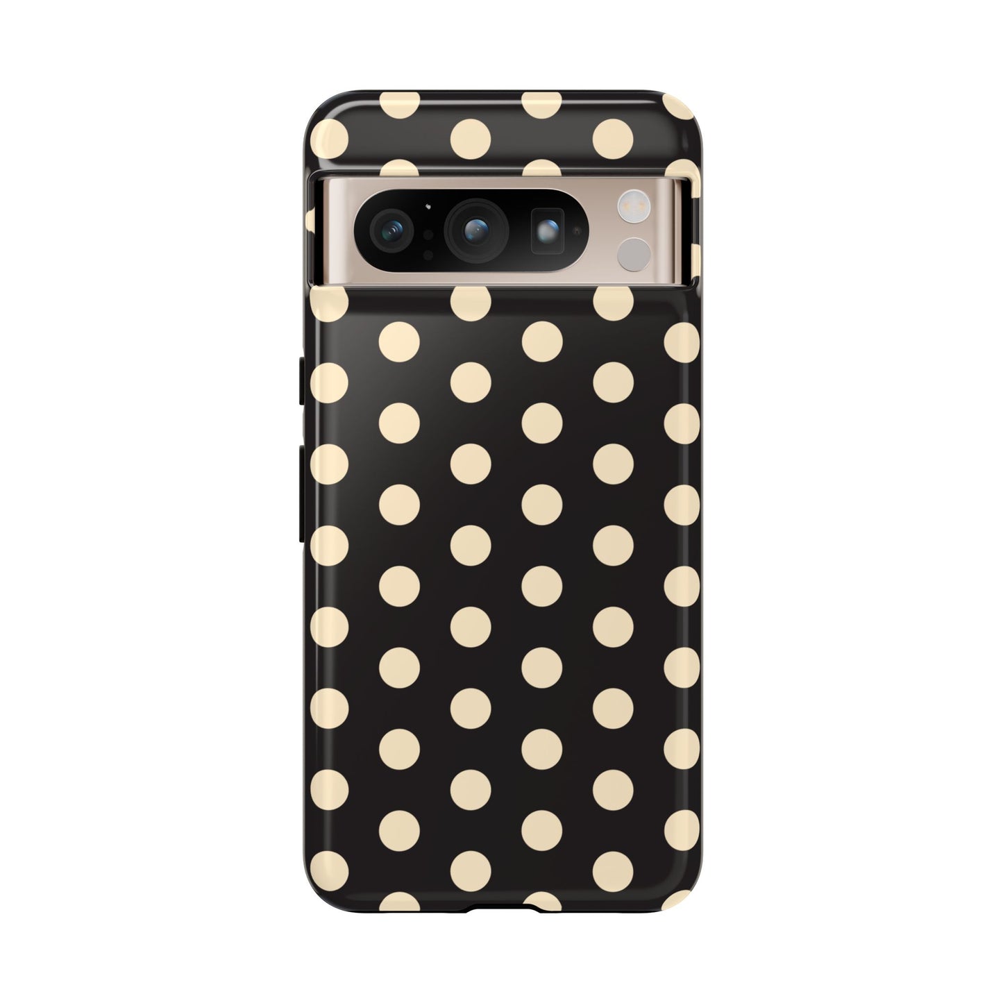 Polka Dot Tough Phone Case — Black with Cream Dots, Protective Slim Phone Cover