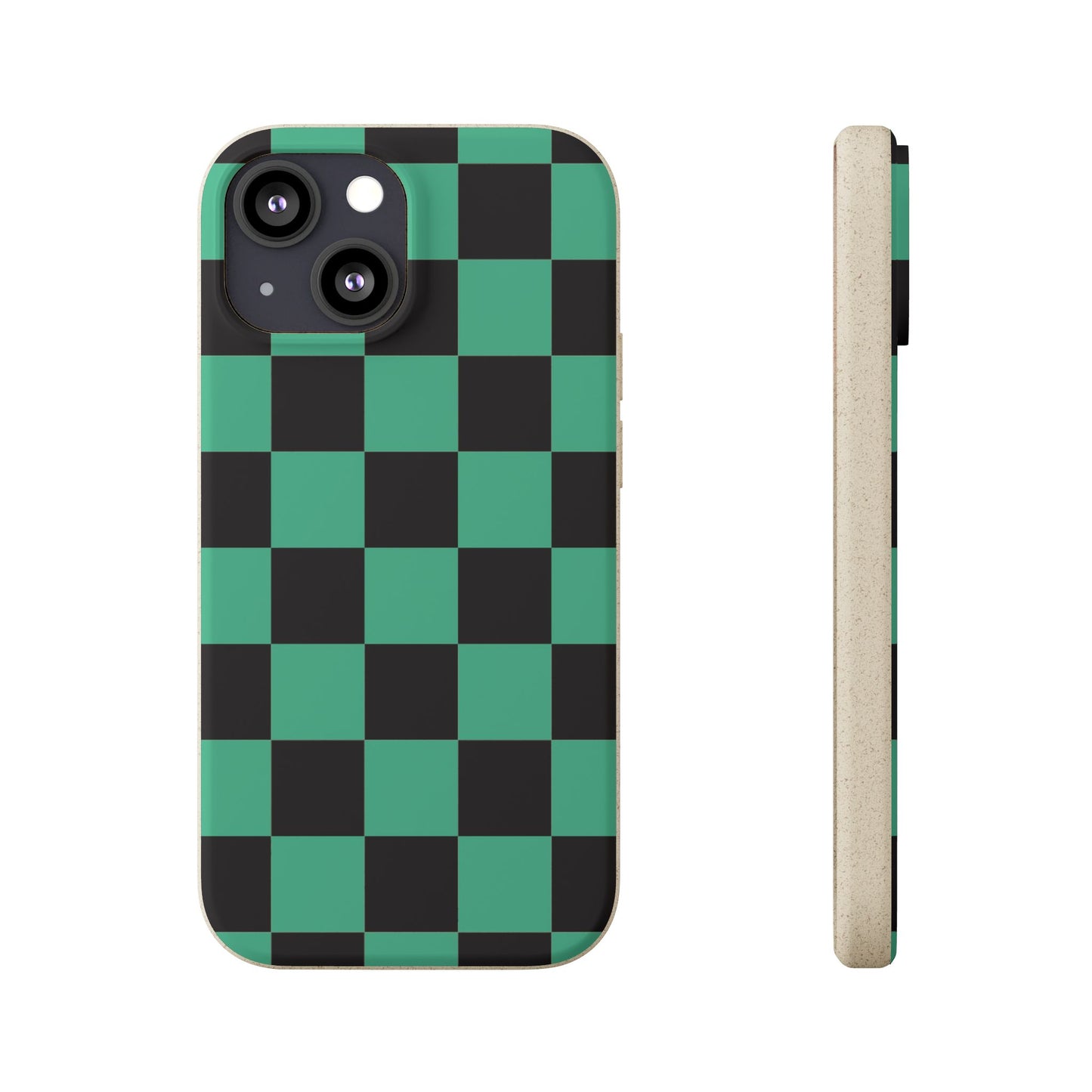 Biodegradable Checkerboard Phone Case — Green & Black Tanjiro Eco Smartphone Cover for Apple iPhone and Samsung Galaxy.