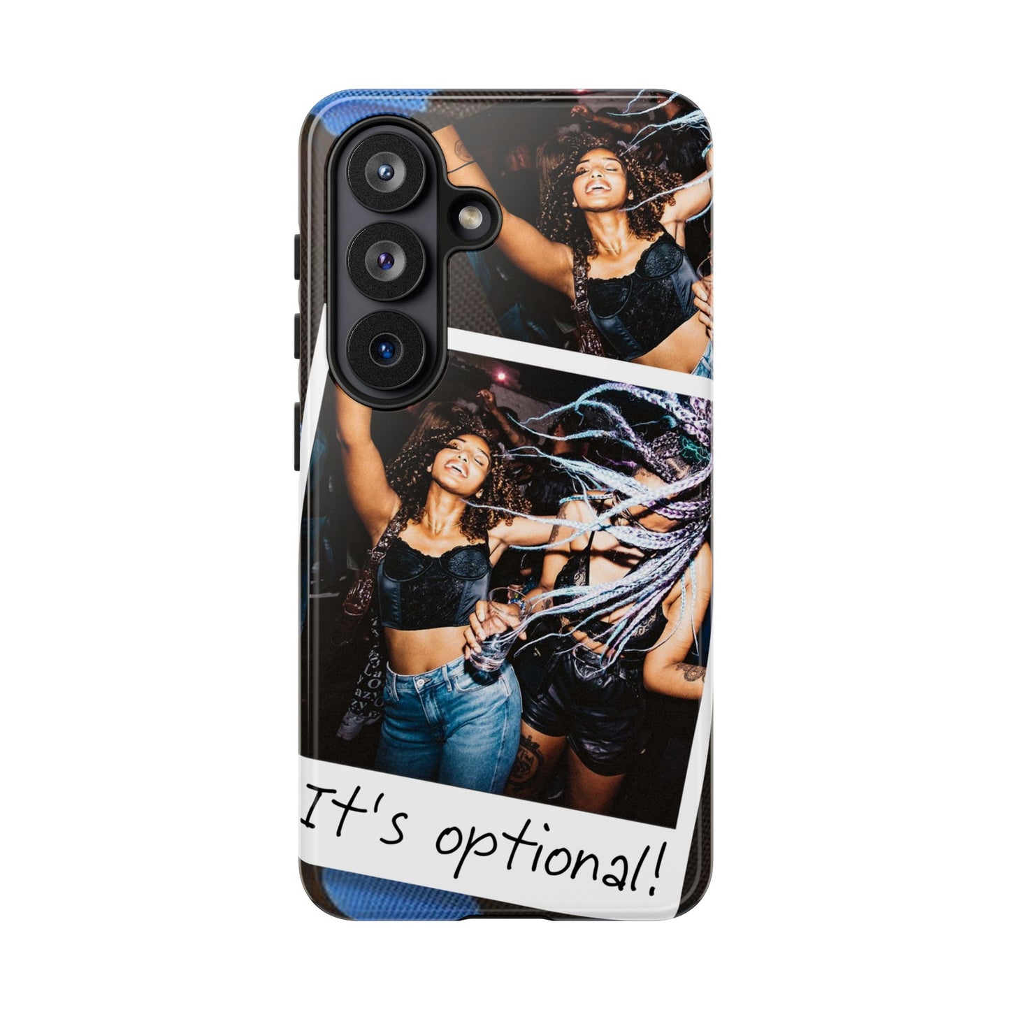 Two Image Personalised Polaroid Photo on Blue Polka Dot Protective Tough Case for Apple iPhone, Samsung Galaxy and Google Pixel.