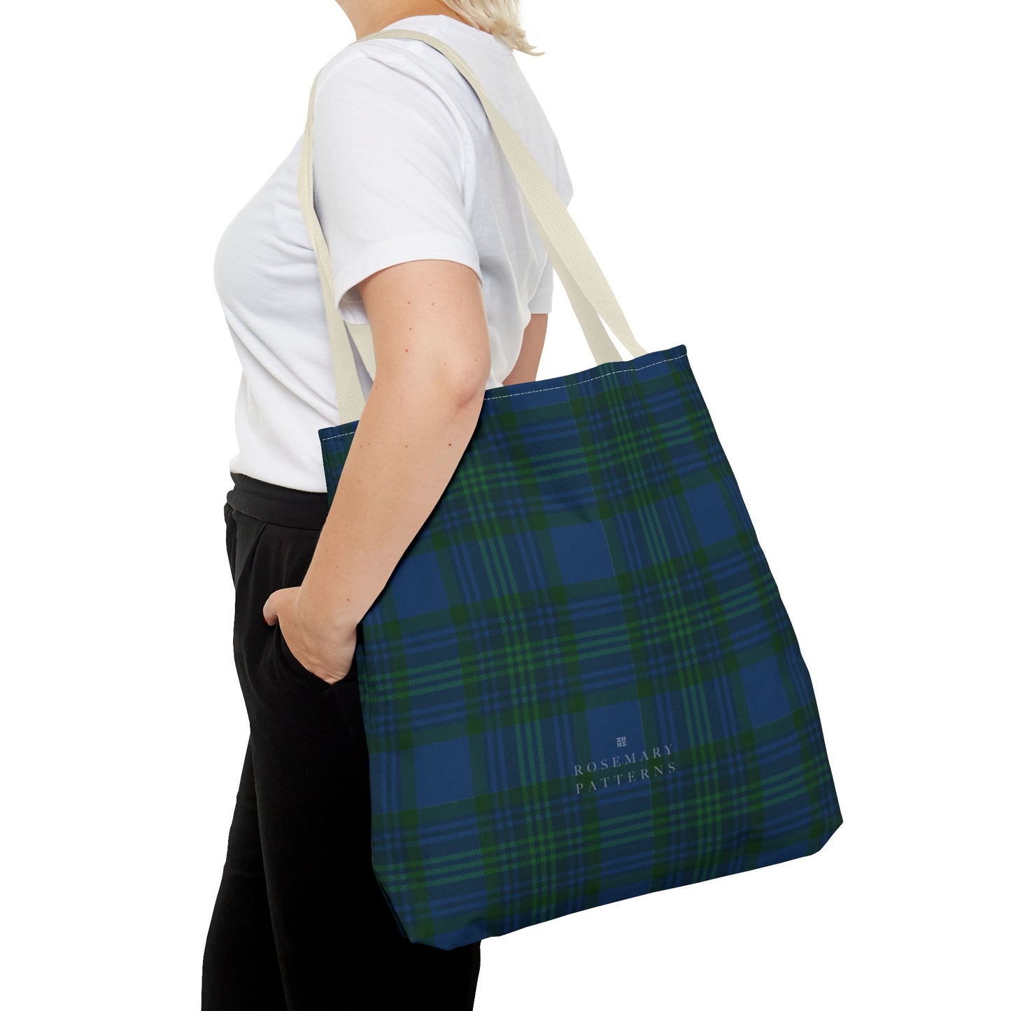 Tartan plaid tote bag in blue and green, eco friendly reusable market tote with Scottish pattern, cotton handles