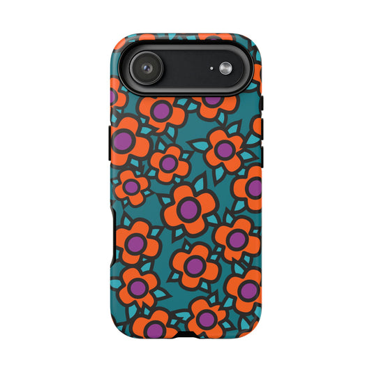 Floral Pop Tough Phone Case — Retro Orange & Teal Flower Pattern