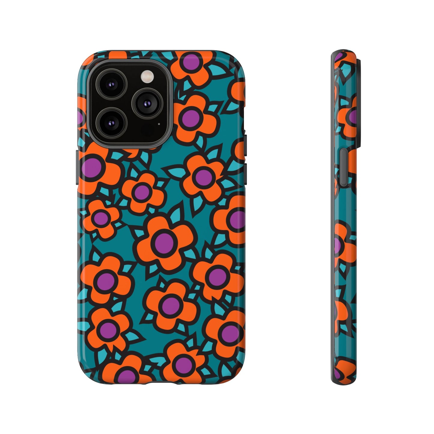 Floral Pop Tough Phone Case — Retro Orange & Teal Flower Pattern