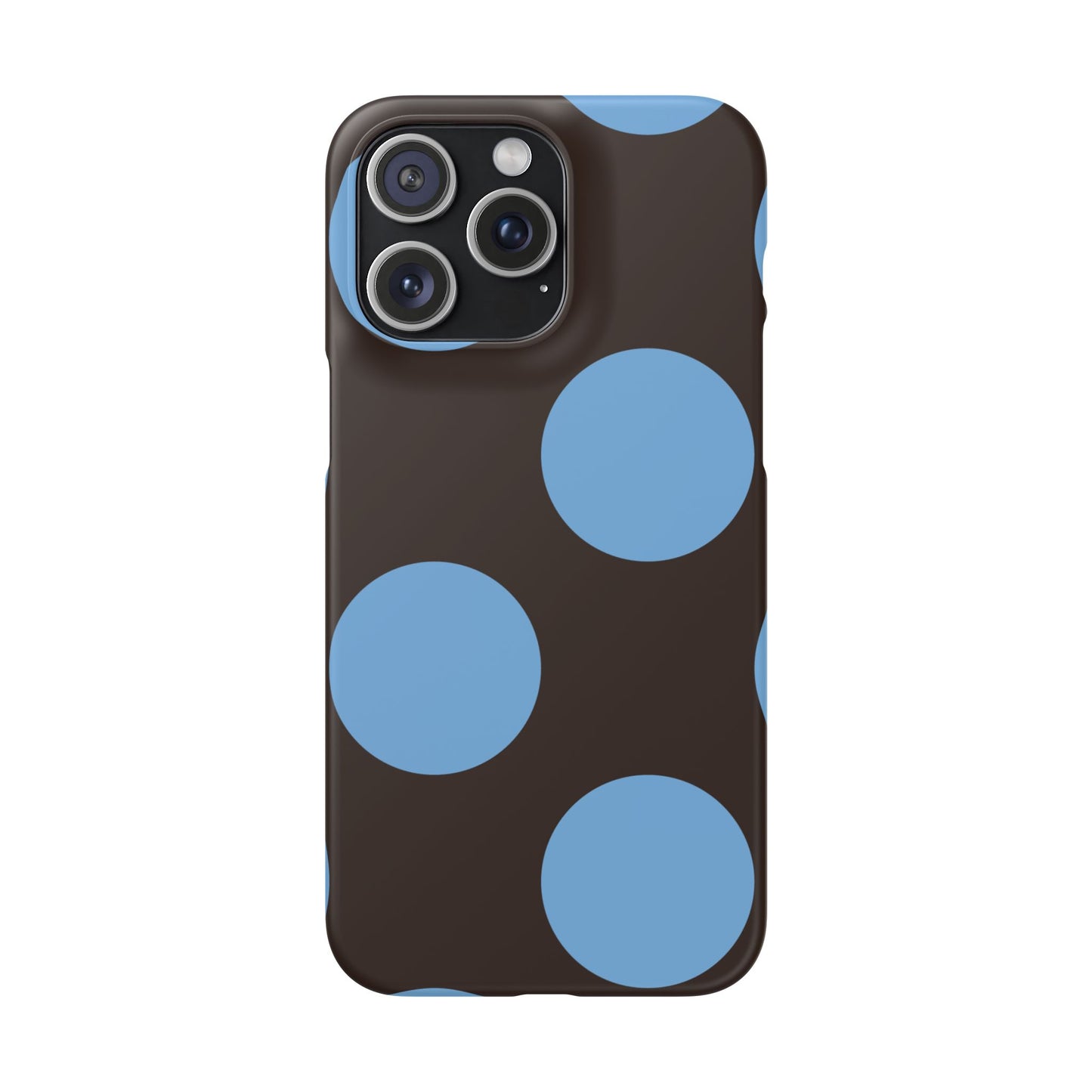 Matte Black with Large Sky Blue Polka Dots Slim Phone Case for Apple iPhone, Samsung Galaxy and Google Pixel.