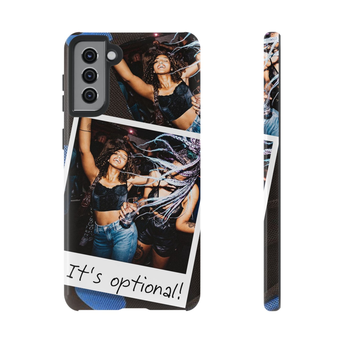 Two Image Personalised Polaroid Photo on Blue Polka Dot Protective Tough Case for Apple iPhone, Samsung Galaxy and Google Pixel.