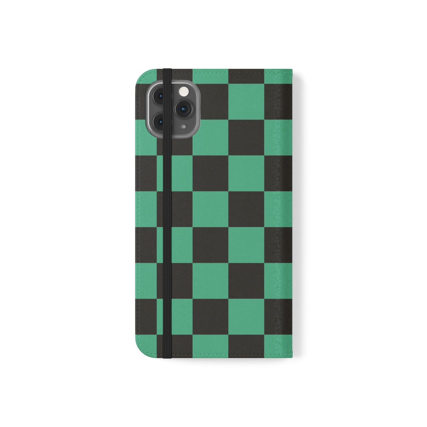 Tanjiro Chequered Flip Phone Case — Black and Green Chequered Wallet Cover