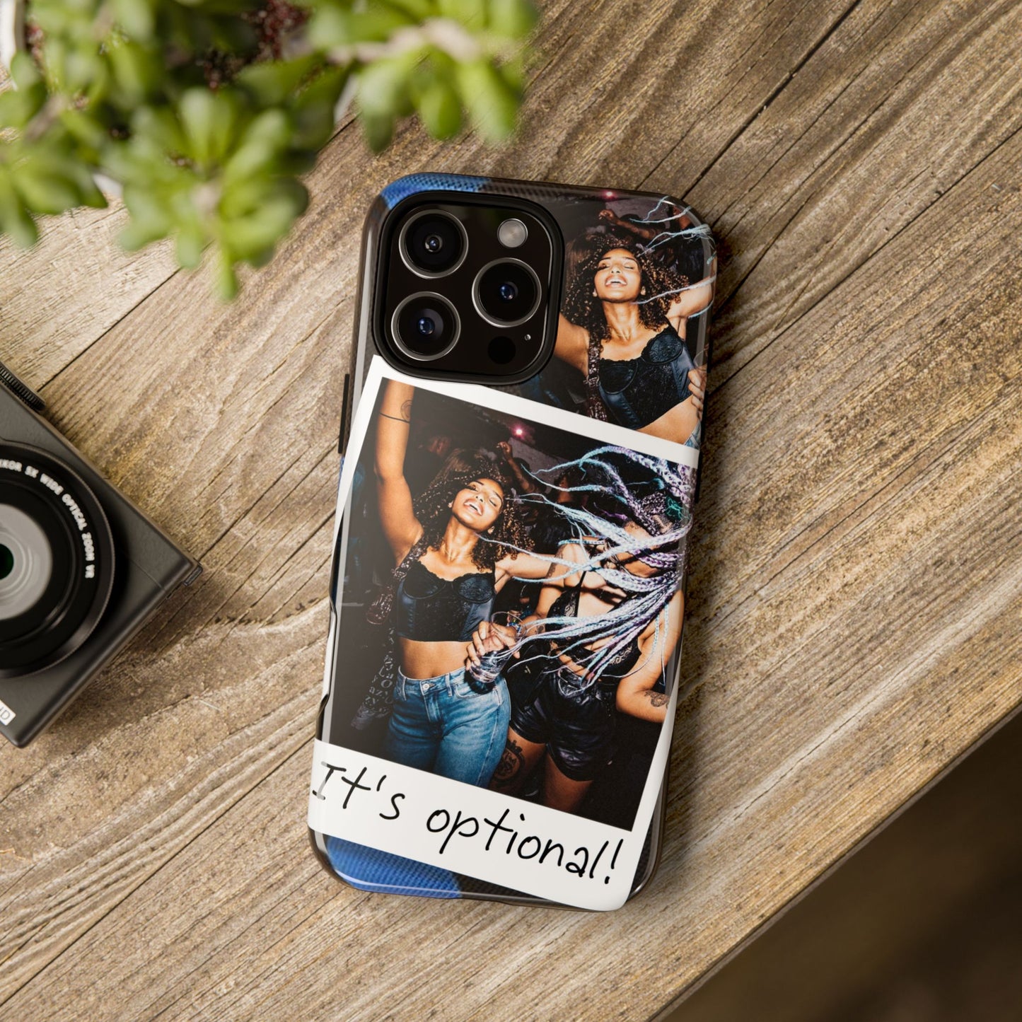 Two Image Personalised Polaroid Photo on Blue Polka Dot Protective Tough Case for Apple iPhone, Samsung Galaxy and Google Pixel.
