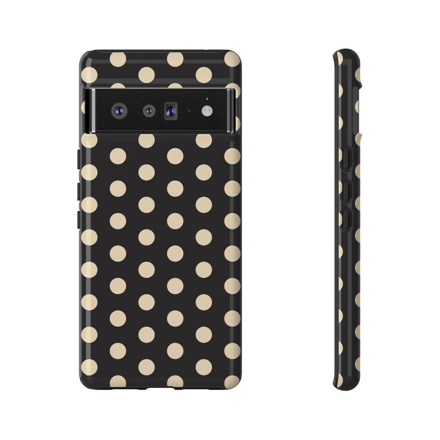 Polka Dot Tough Phone Case — Black with Cream Dots, Protective Slim Phone Cover