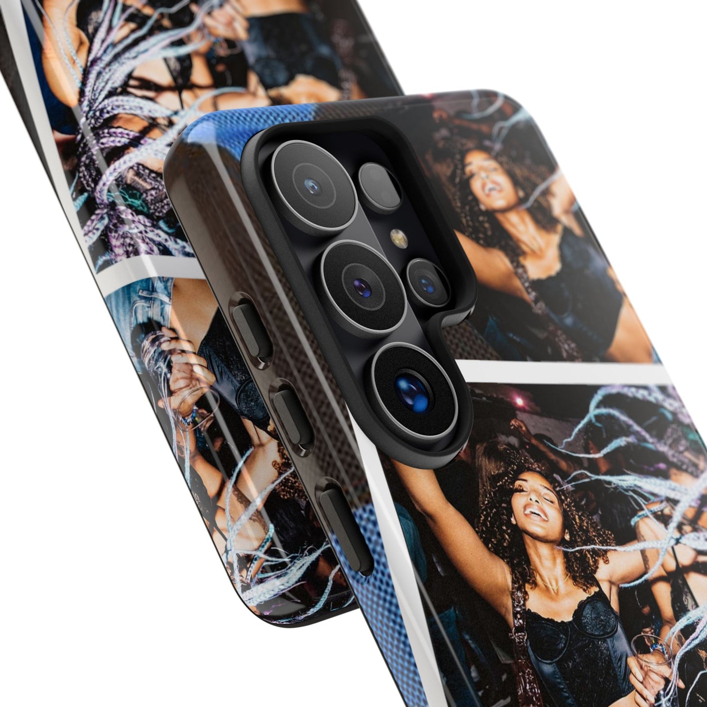 Two Image Personalised Polaroid Photo on Blue Polka Dot Protective Tough Case for Apple iPhone, Samsung Galaxy and Google Pixel.