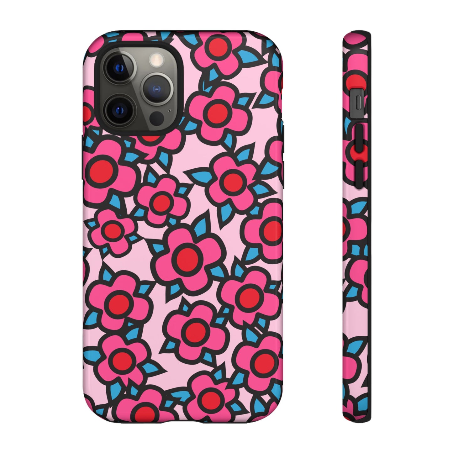 Floral Pink Tough Phone Case — Retro Red & Teal Flower Pattern