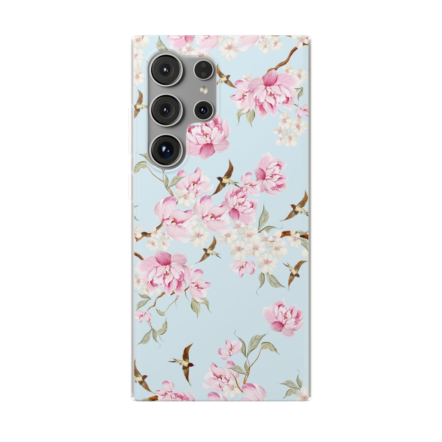 Floral Cherry Blossom Flexi Phone Case - Pink Blossoms on Sky Blue Flexible Case for Apple iPhone, Samsung Galaxy.