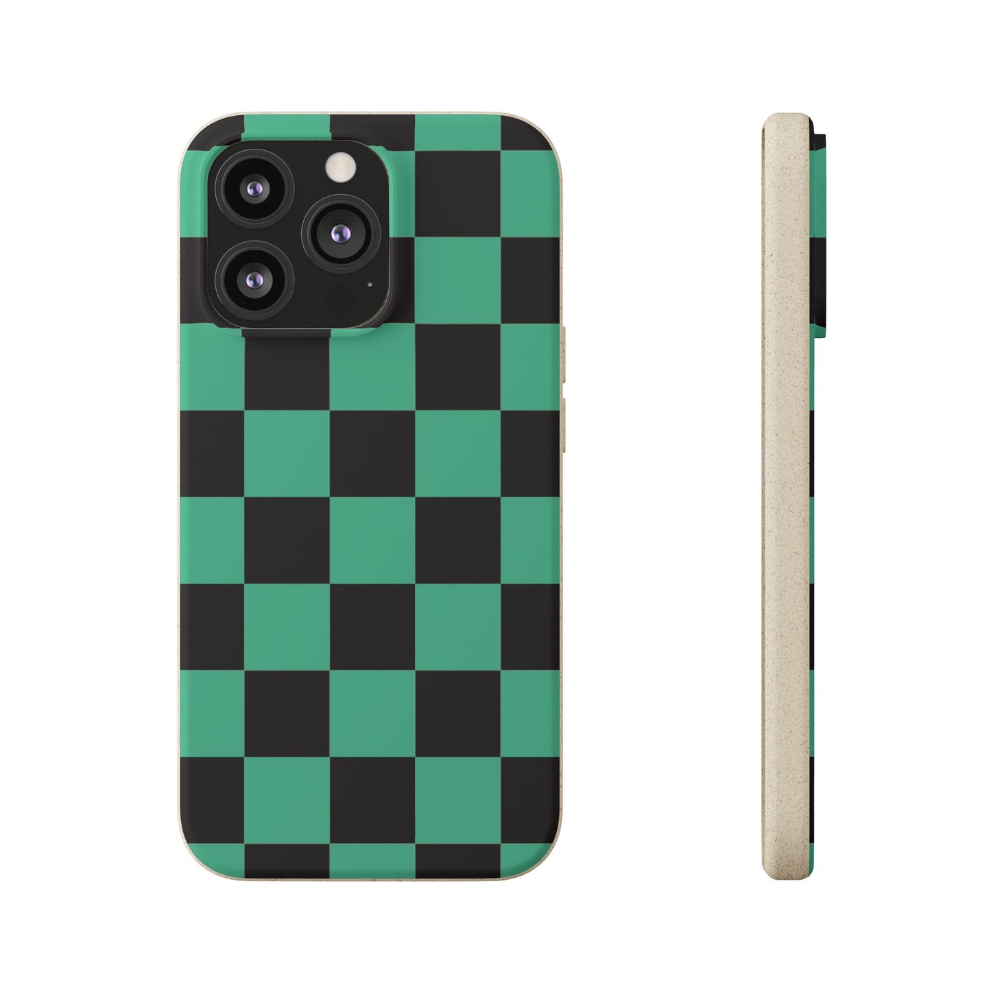 Biodegradable Checkerboard Phone Case — Green & Black Tanjiro Eco Smartphone Cover for Apple iPhone and Samsung Galaxy.