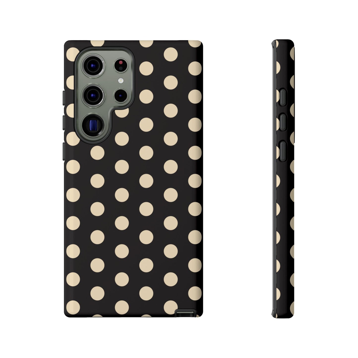 Polka Dot Tough Phone Case — Black with Cream Dots, Protective Slim Phone Cover