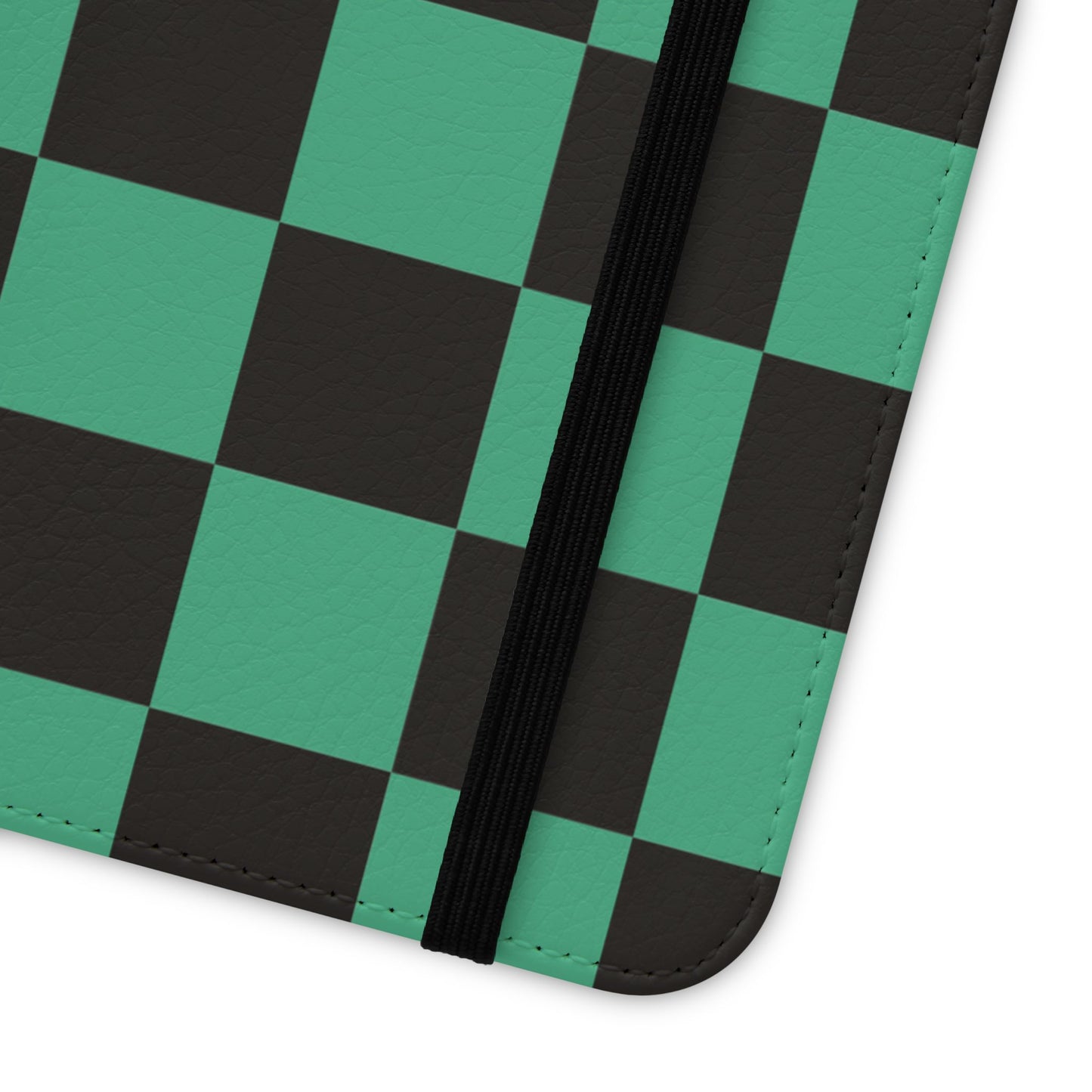 Tanjiro Chequered Flip Phone Case — Black and Green Chequered Wallet Cover
