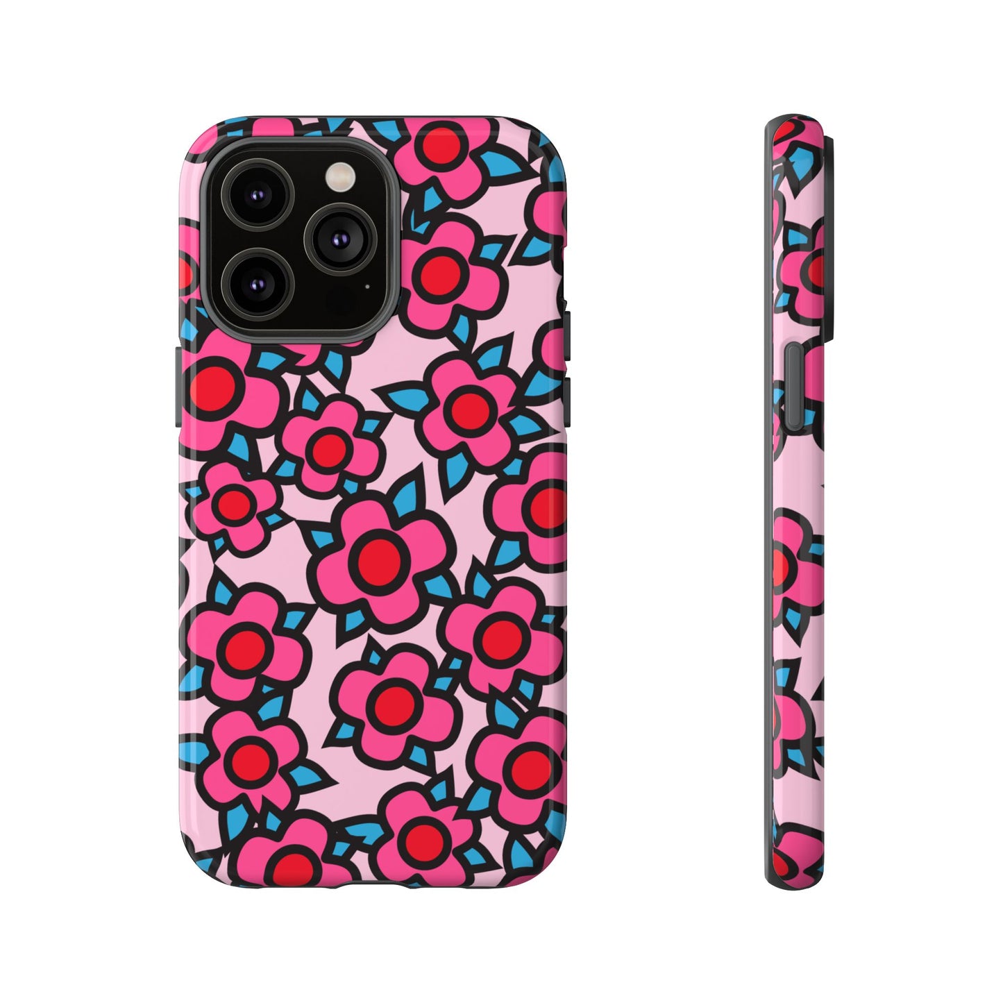 Floral Pink Tough Phone Case — Retro Red & Teal Flower Pattern