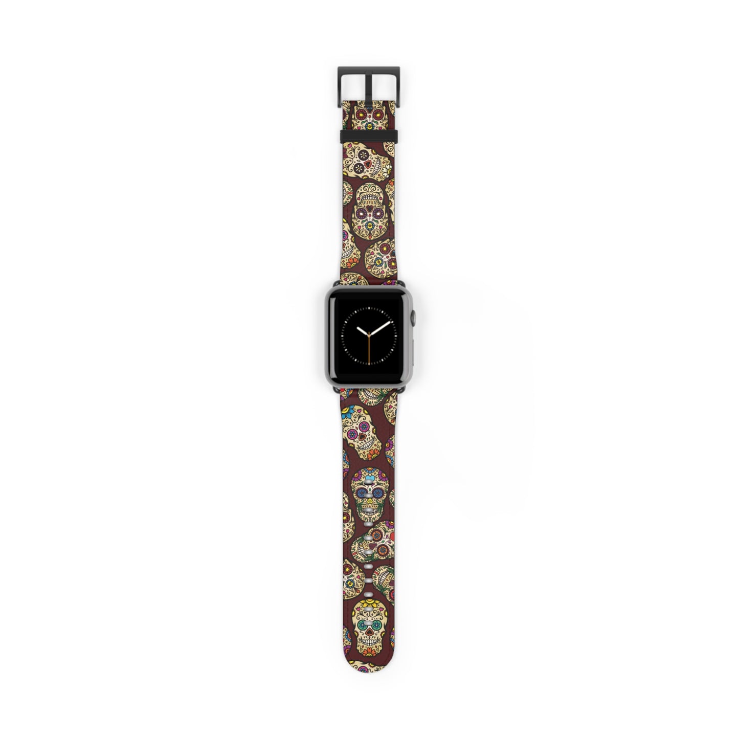 Sugar Skulls Apple Watch band with dark modern gothic design, colorful accessory for casual and formal wear