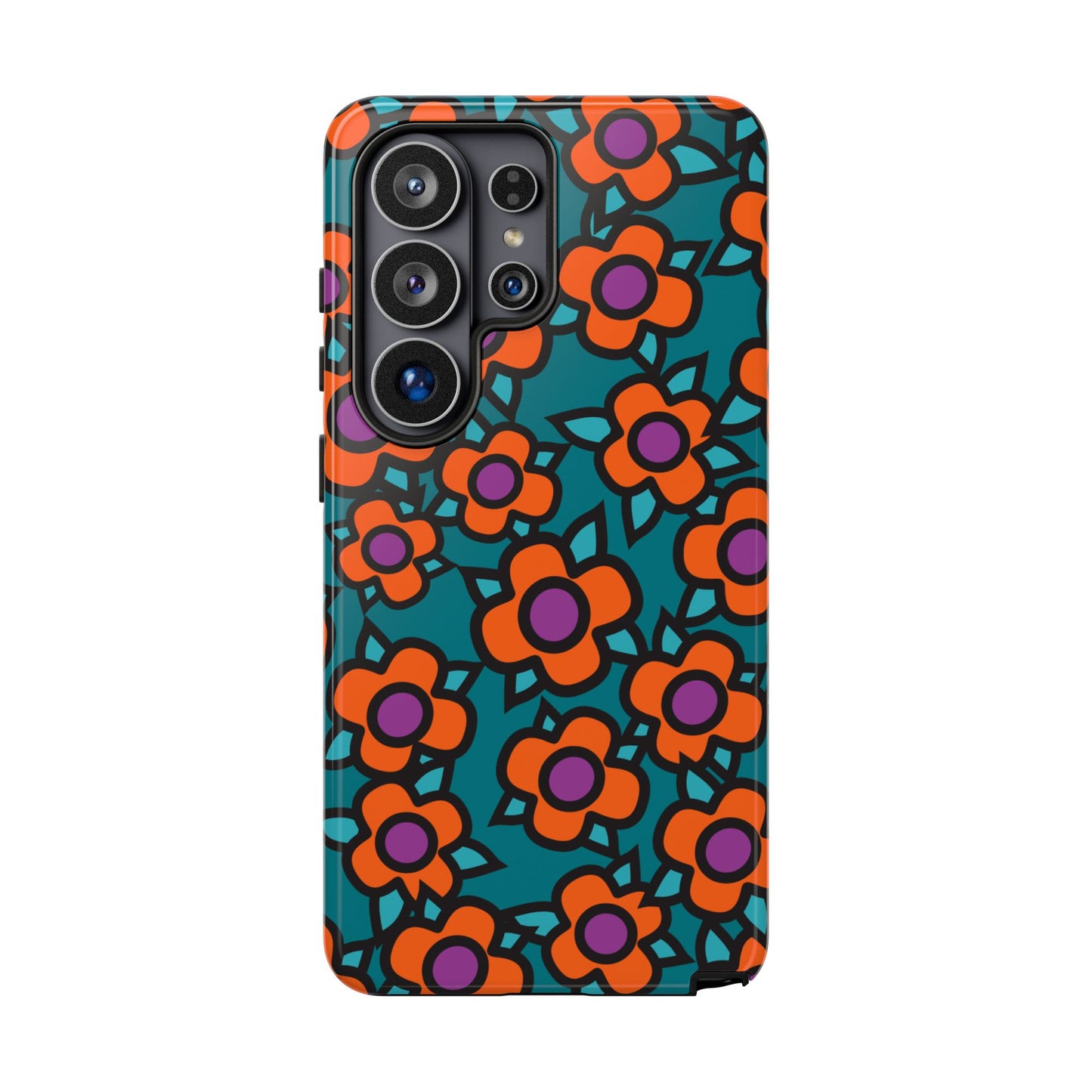 Floral Pop Tough Phone Case — Retro Orange & Teal Flower Pattern