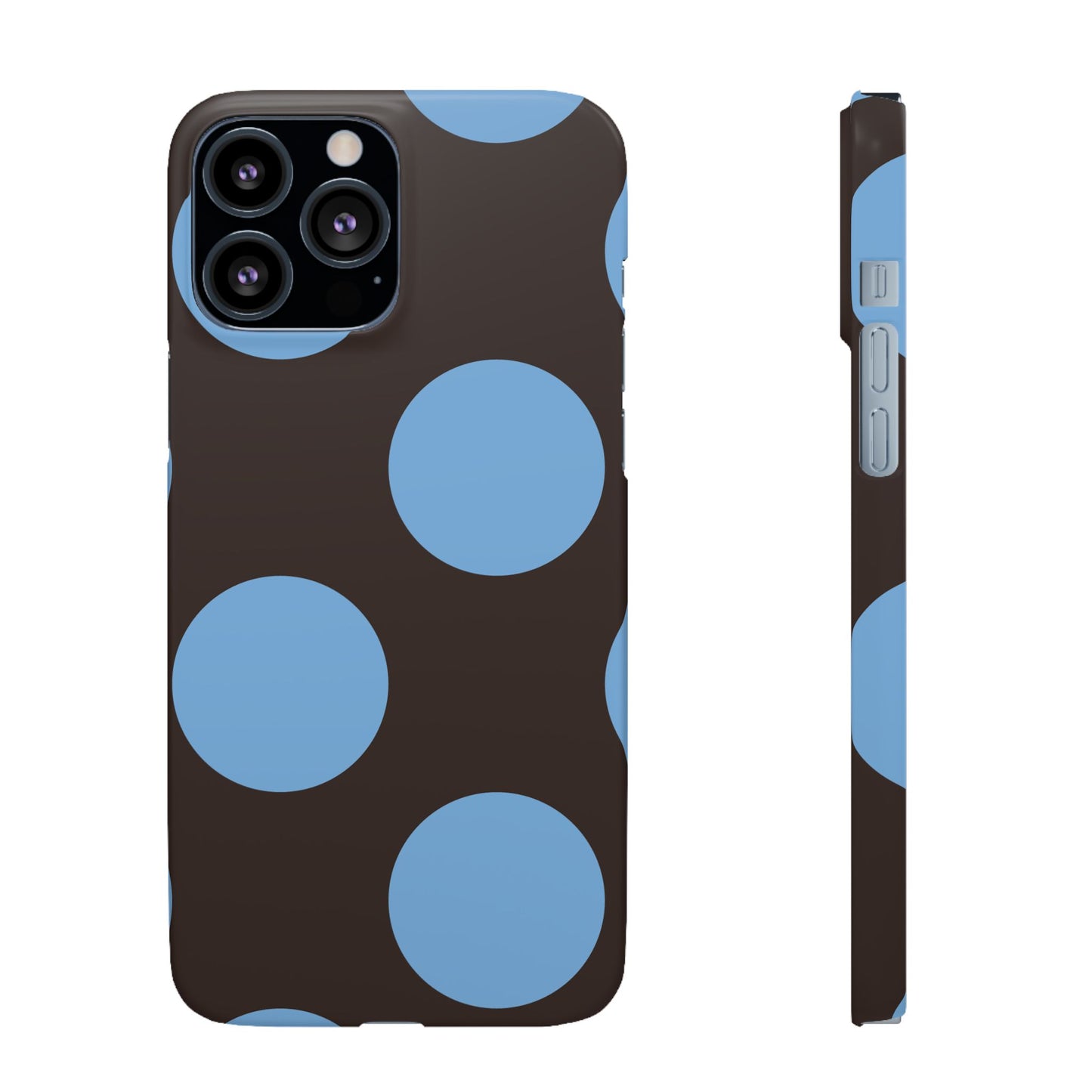 Matte Black with Large Sky Blue Polka Dots Slim Phone Case for Apple iPhone, Samsung Galaxy and Google Pixel.
