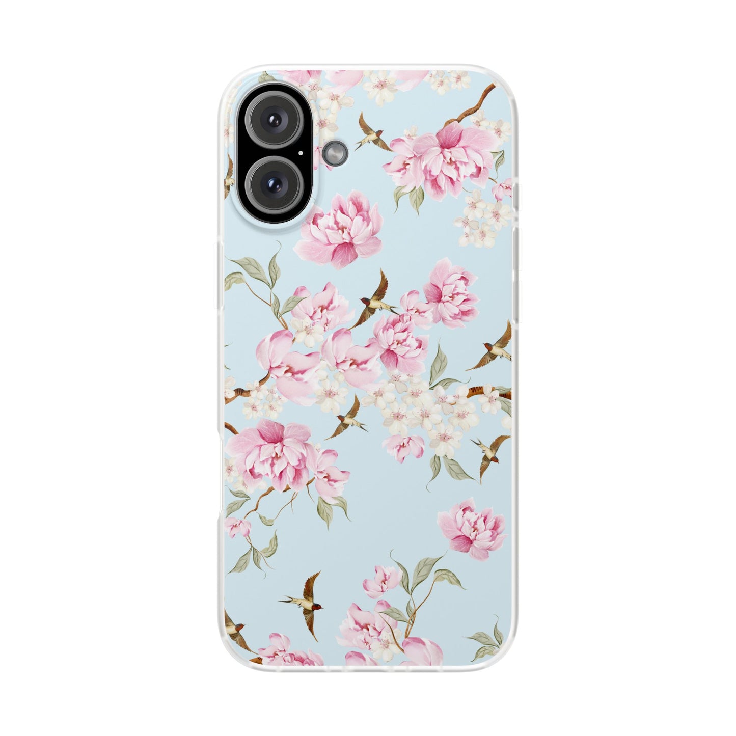 Floral Cherry Blossom Flexi Phone Case - Pink Blossoms on Sky Blue Flexible Case for Apple iPhone, Samsung Galaxy.