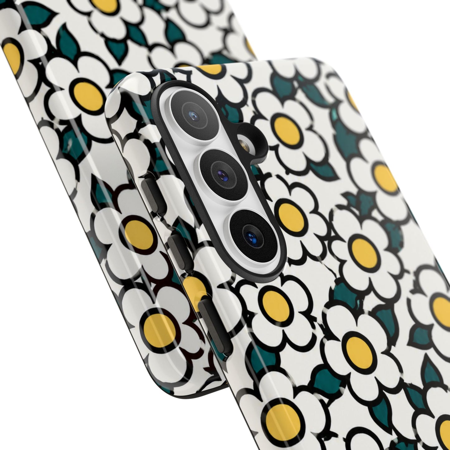 Floral Daisy Tough Phone Case — Retro White & Yellow Protective Cover