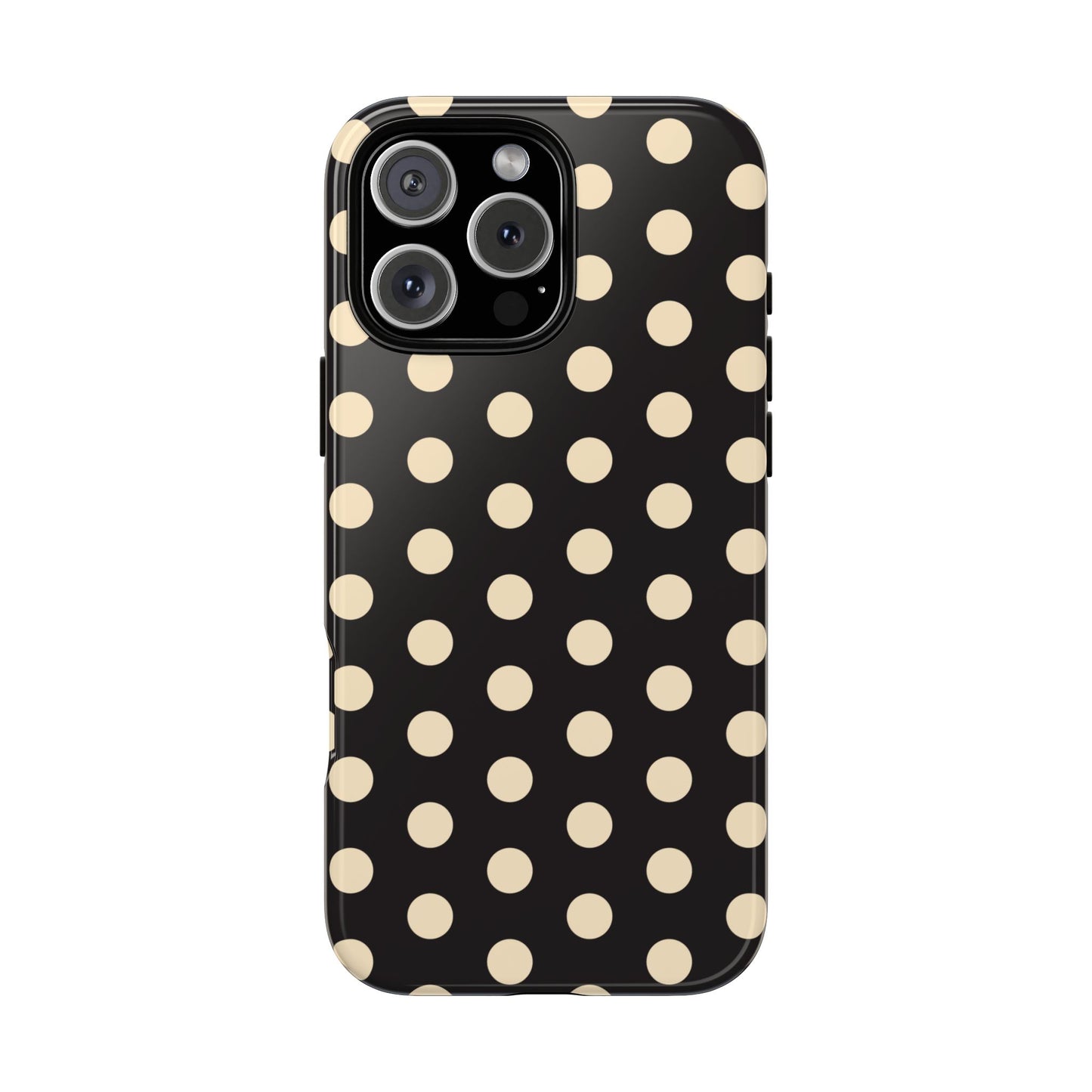 Polka Dot Tough Phone Case — Black with Cream Dots, Protective Slim Phone Cover