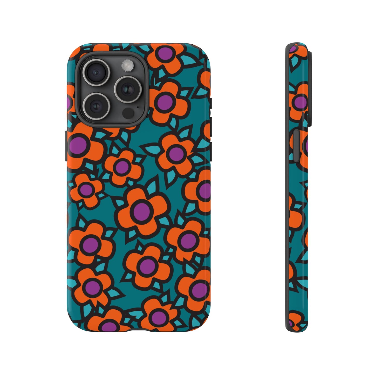 Floral Pop Tough Phone Case — Retro Orange & Teal Flower Pattern