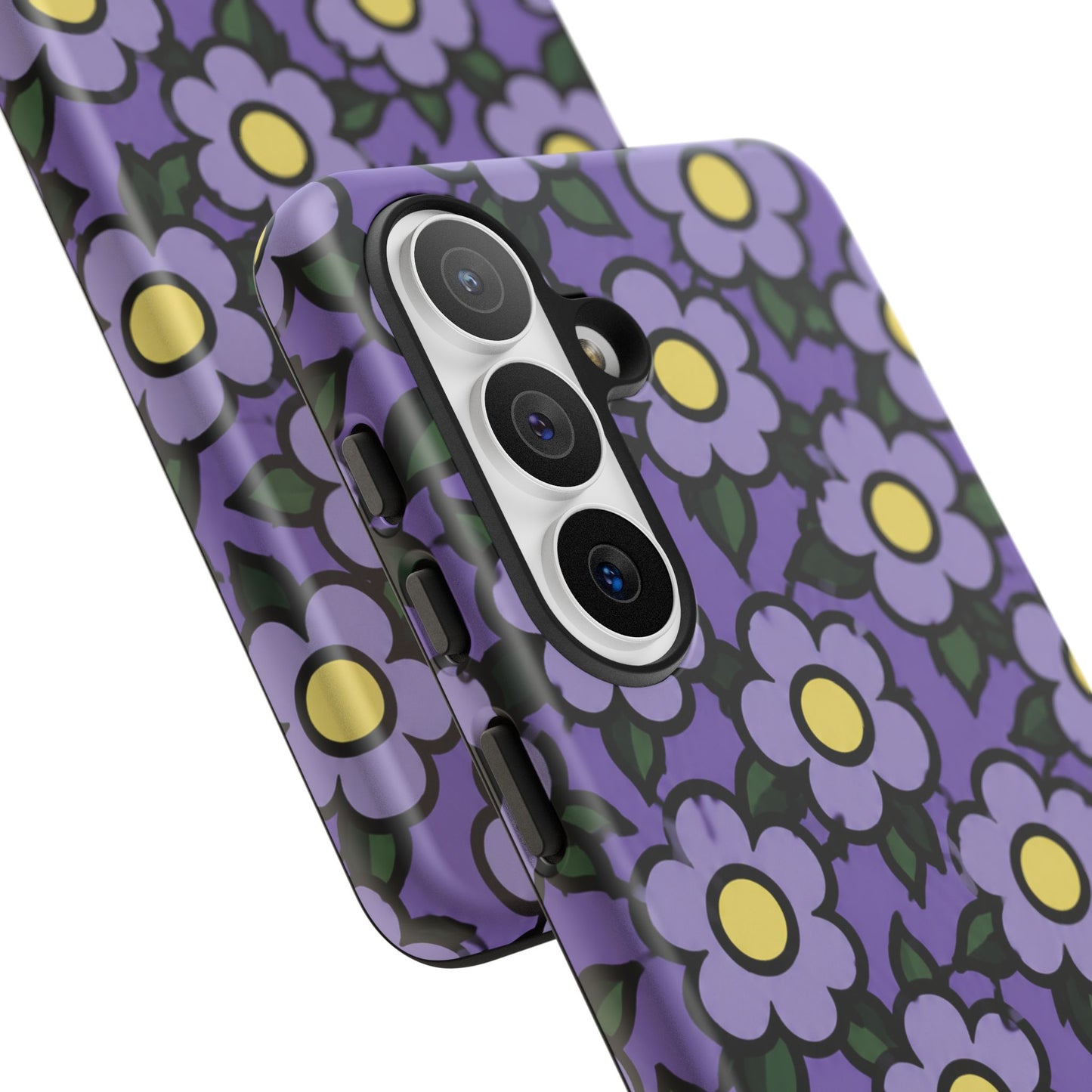 Purple Floral Tough Phone Case — Durable Protective Phone Cover with Cute Daisy Pattern