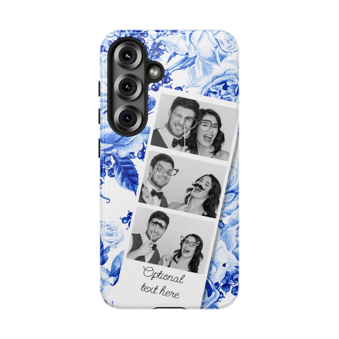 Three Photo Personalised Blue Floral Image Strip Custom Phone Case