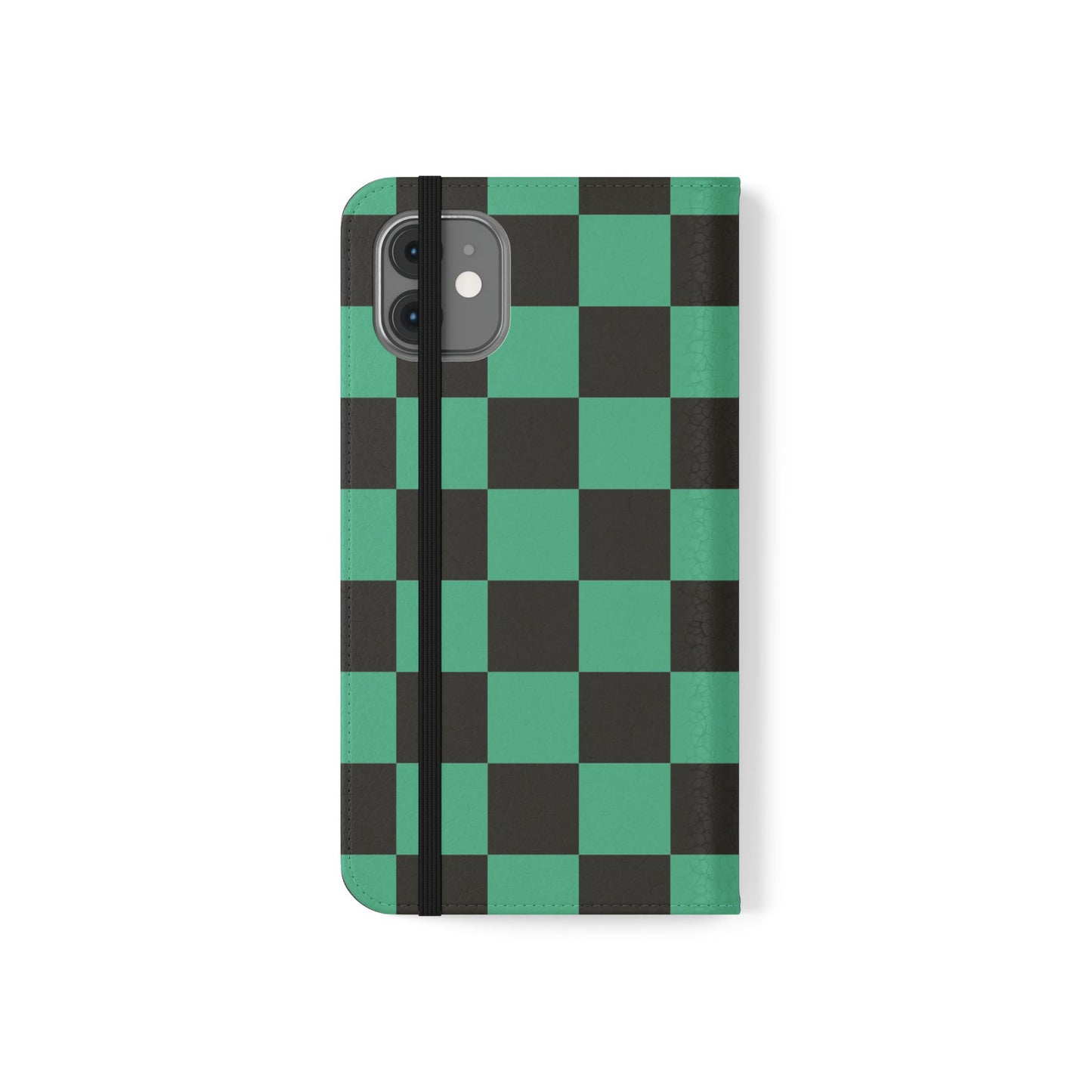 Tanjiro Chequered Flip Phone Case — Black and Green Chequered Wallet Cover