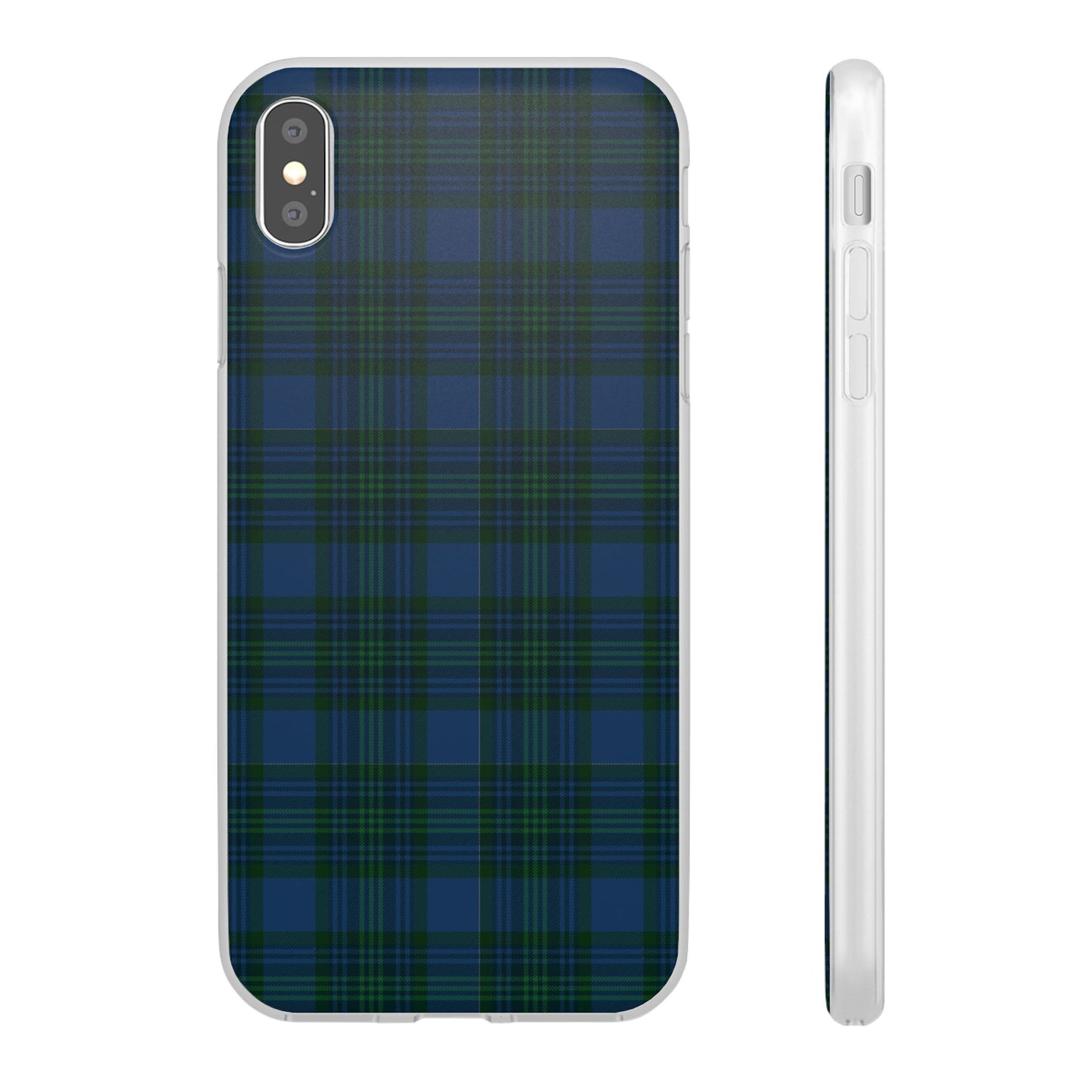 Navy green tartan phone case with flexible plaid design, slim shock-absorbing TPU, semi-transparent matte finish