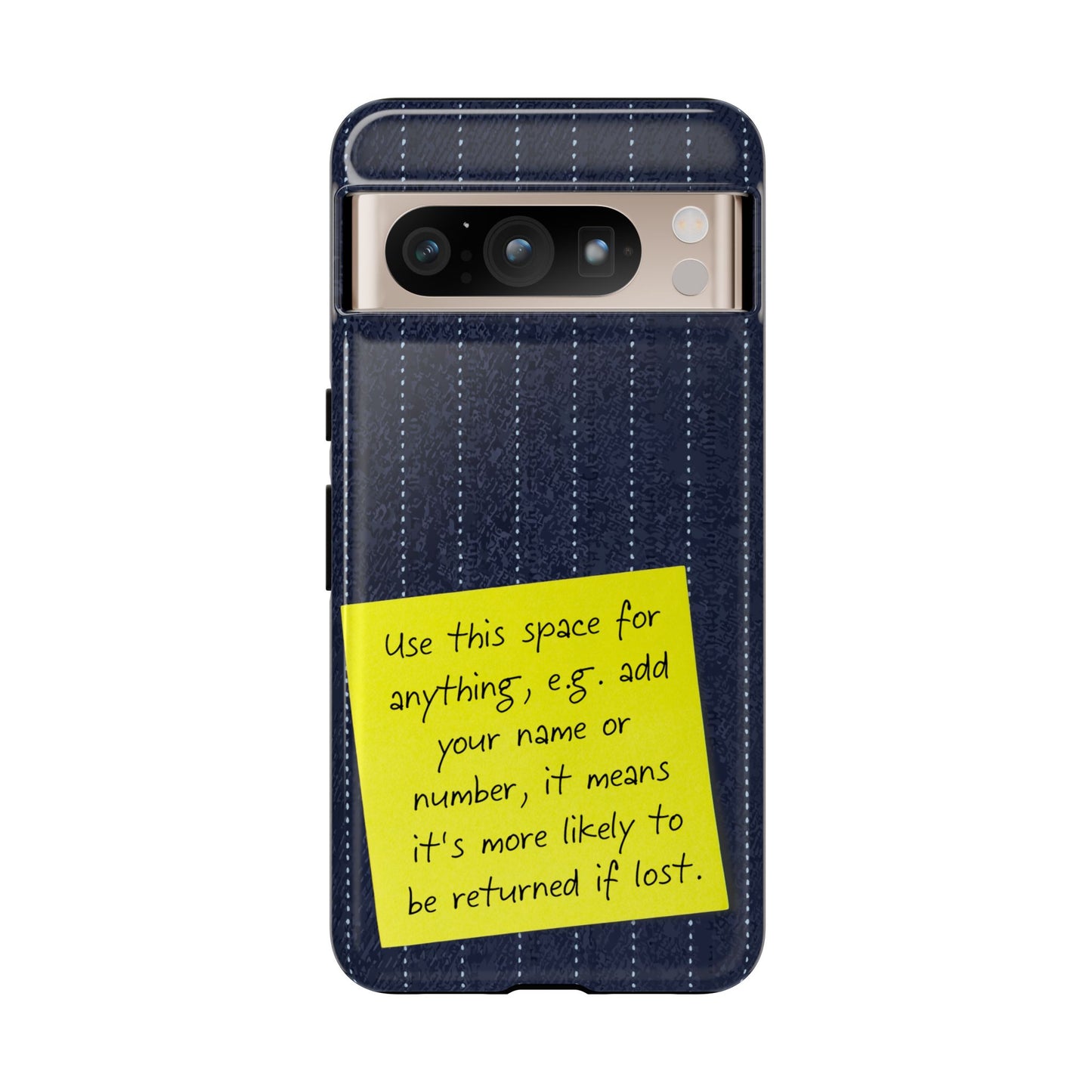Navy Pinstripe Design with Yellow Sticky Note Personalised Tough Phone Case for Apple iPhone, Samsung Galaxy and Google Pixel.
